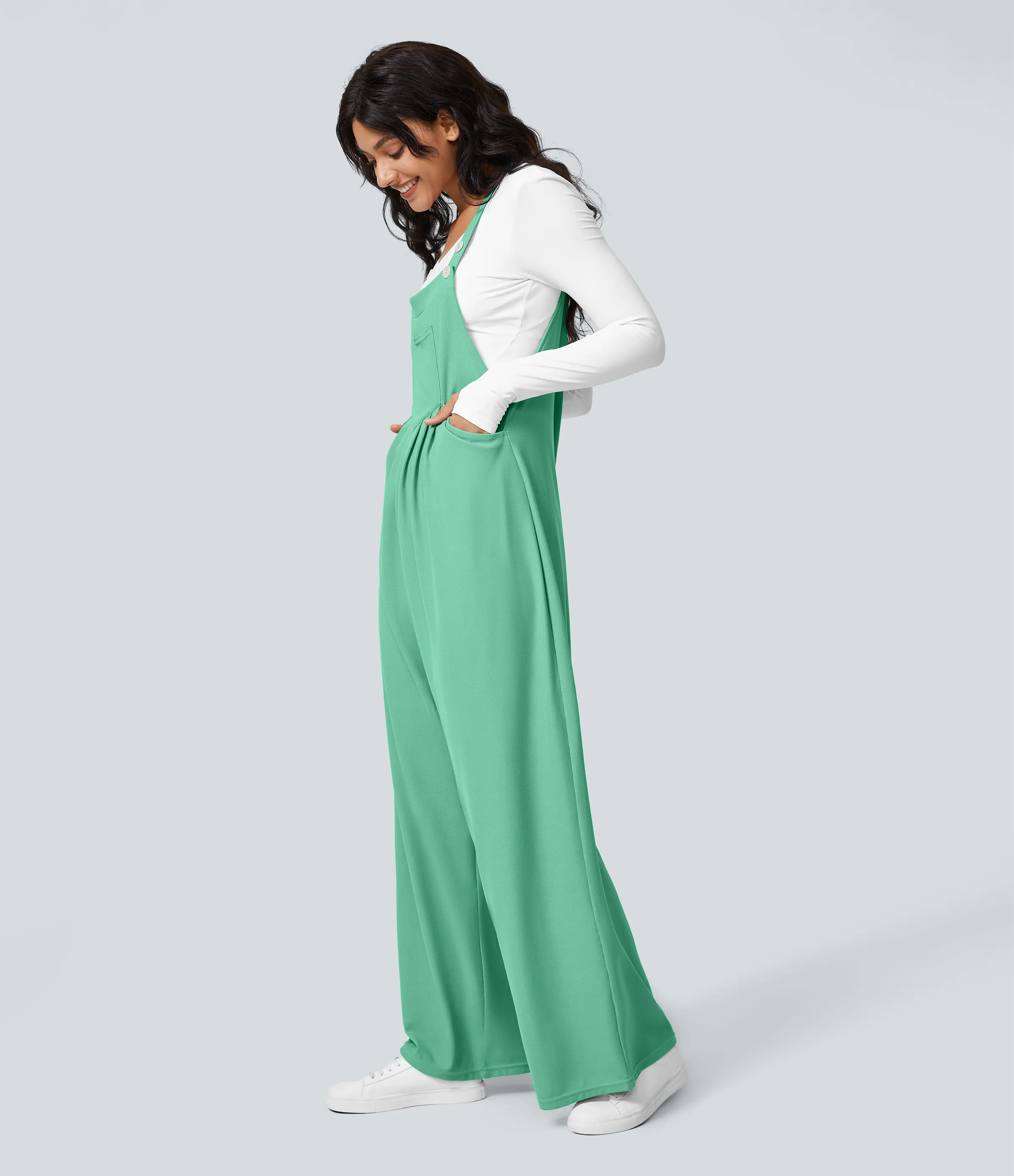Halara Overol botón correa ajustable bolsillo múltiple gofre plisado - Light Sea Green - XS(regular) sold by Halara product image thumbnail 5