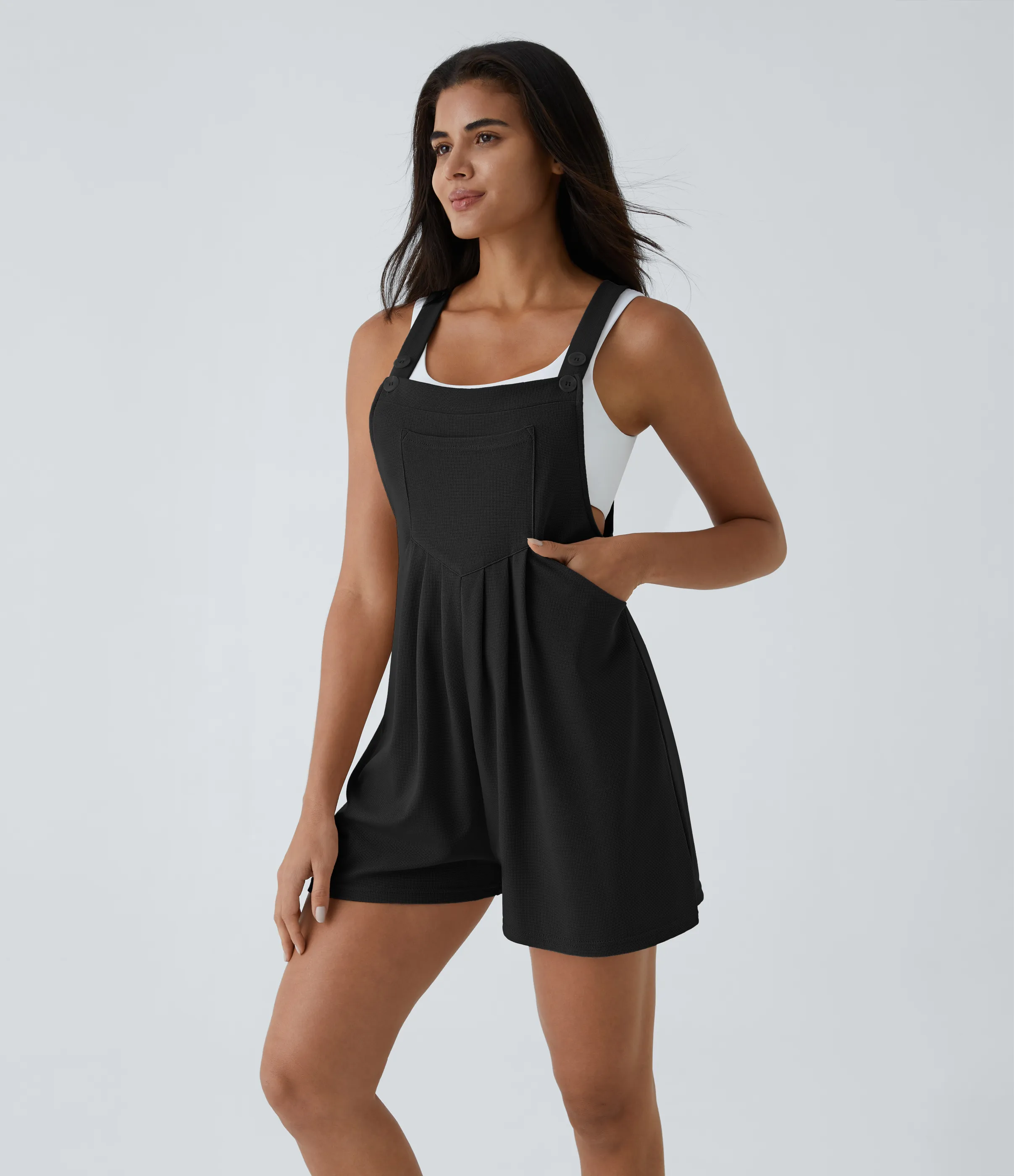 Halara Overol botón correa ajustable bolsillo múltiple gofre plisado - Black - XS sold by Halara product image thumbnail 4