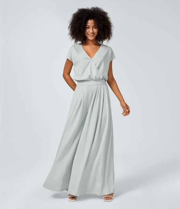 Halara Mono cuello V manga corta bolsillo lateral plisado pierna ancha - Frost Clear Haze - XS(petite) sold by Halara