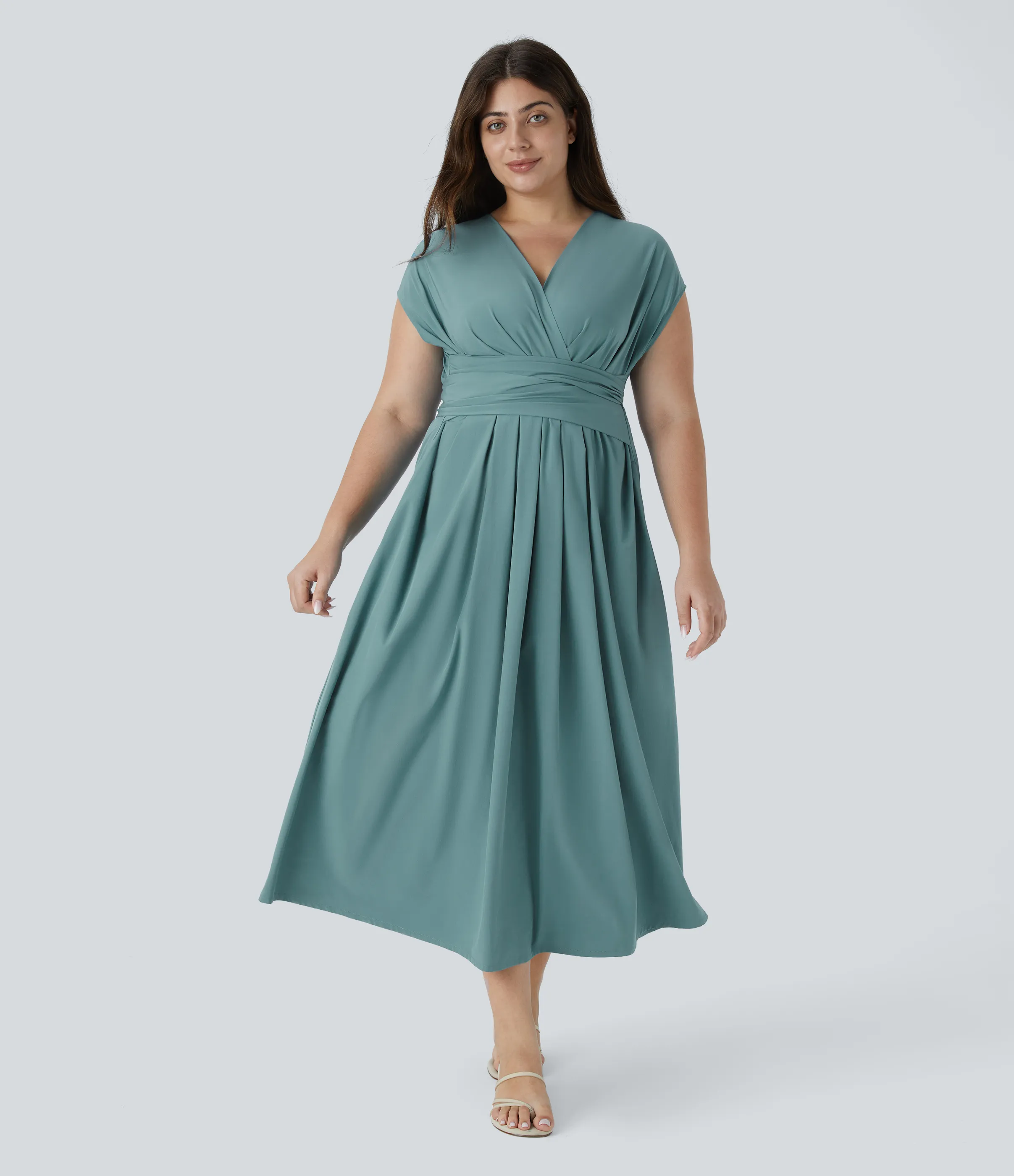 Halara Vestido midi Breezeful™ talla grande cuello V manga corta bolsillo lateral lazo espalda secado rápido - Stone Blue - 1X sold by Halara product image thumbnail 4