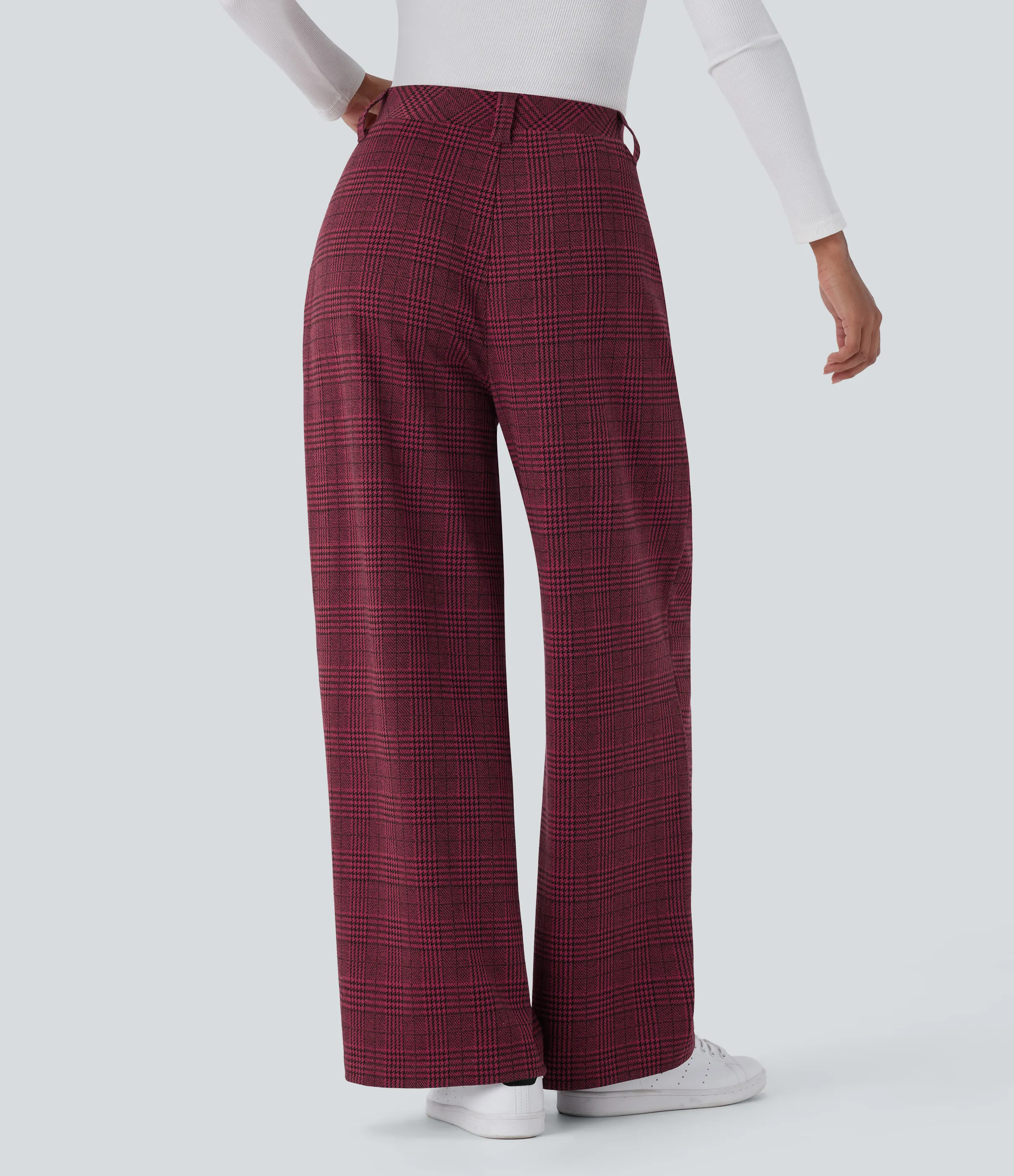 Halara Pantalón tiro alto bolsillo lateral pierna ancha estampado pata gallo - Burgundy Houndstooth Pattern - XS(regular) sold by Halara product image thumbnail 3