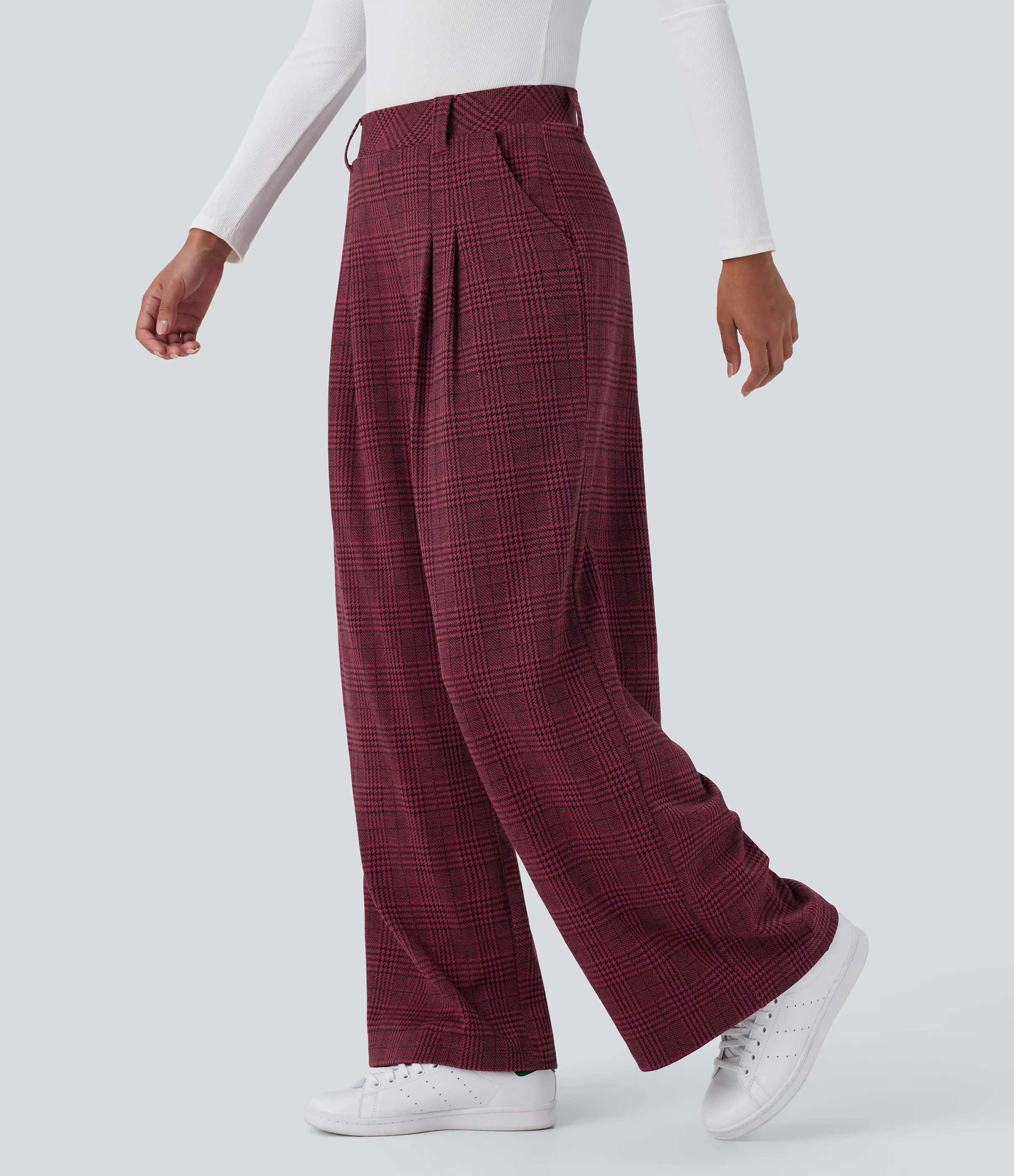 Halara Pantalón tiro alto bolsillo lateral pierna ancha estampado pata gallo - Burgundy Houndstooth Pattern - XS(regular) sold by Halara product image thumbnail 4