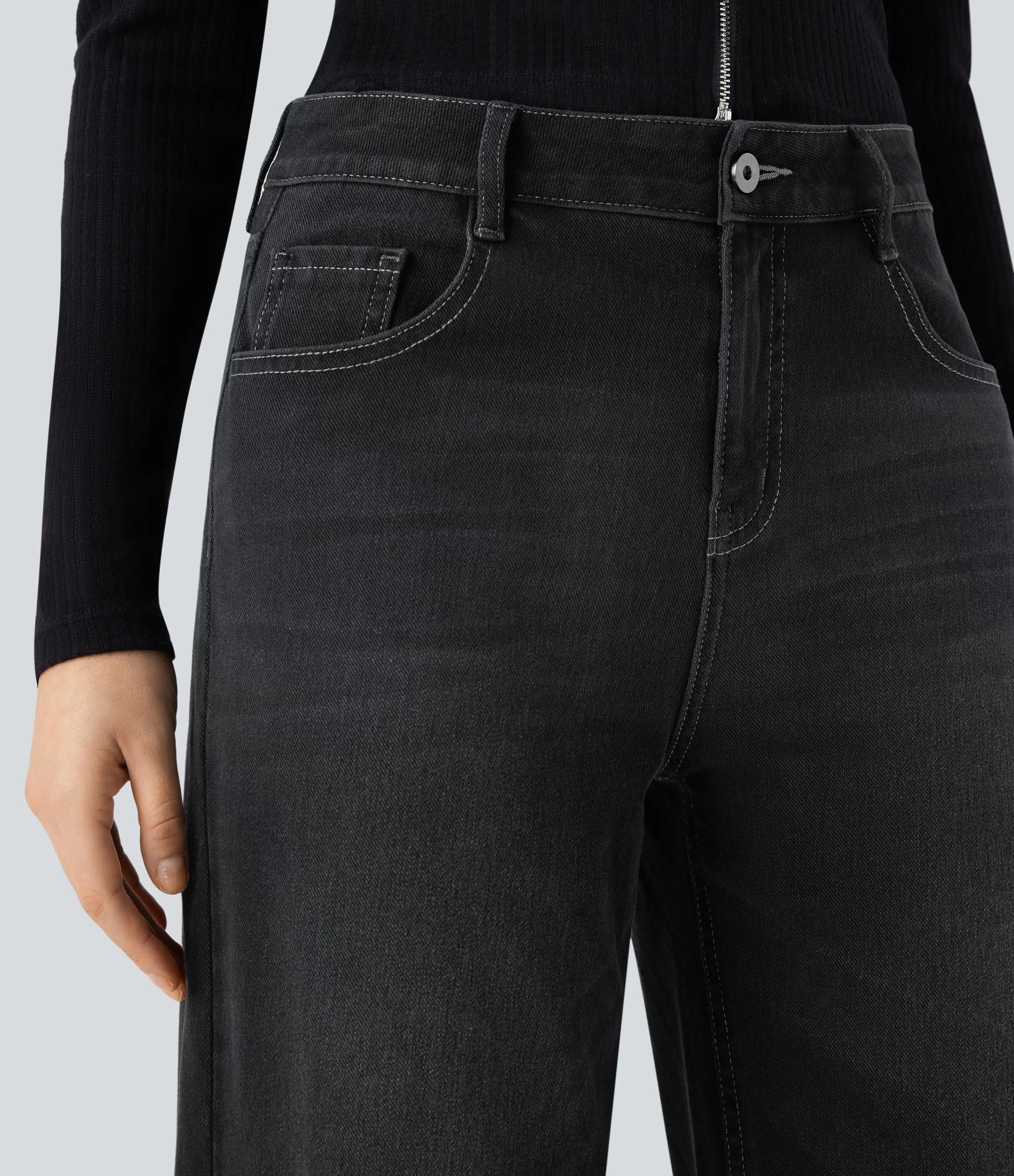 Halara Jeans Baggy Halara Flex™ Denim tiro bajo botón cremallera múltiple bolsillo elástico lavado holgado pierna ancha - Dirty Black Denim - XL(regular) sold by Halara product image thumbnail 5