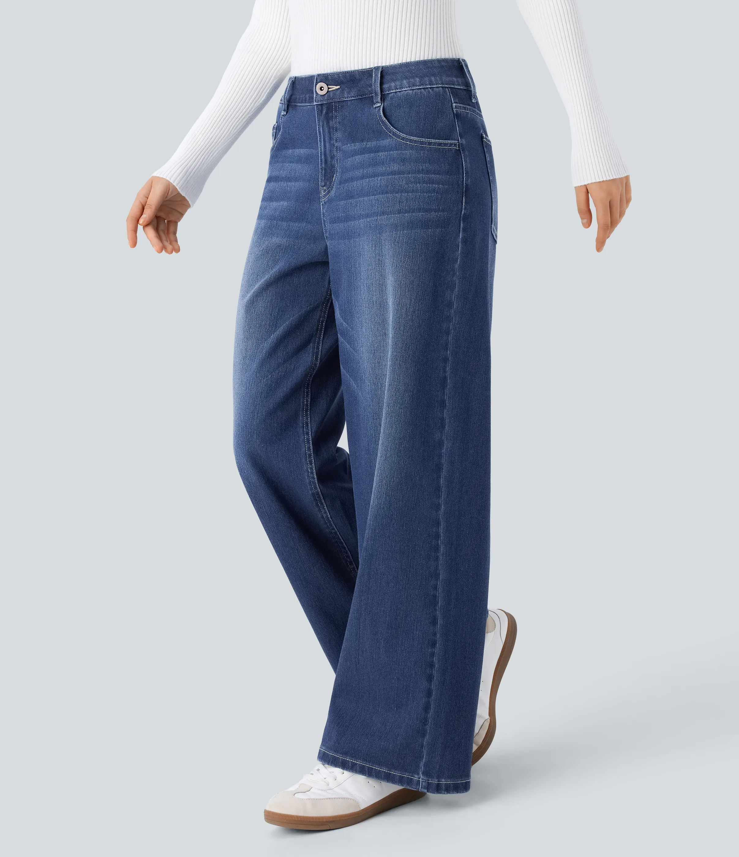 Halara Jeans Baggy Halara Flex™ Denim tiro bajo botón cremallera múltiple bolsillo elástico lavado holgado pierna ancha - Paint Blue Denim - XL(tall) sold by Halara product image thumbnail 4