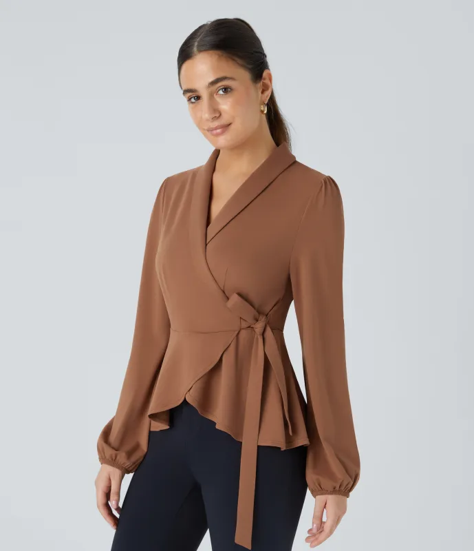 Halara Blusa oficina cuello chal lazo lateral cruzado dobladillo volante - Rust Red - L sold by Halara