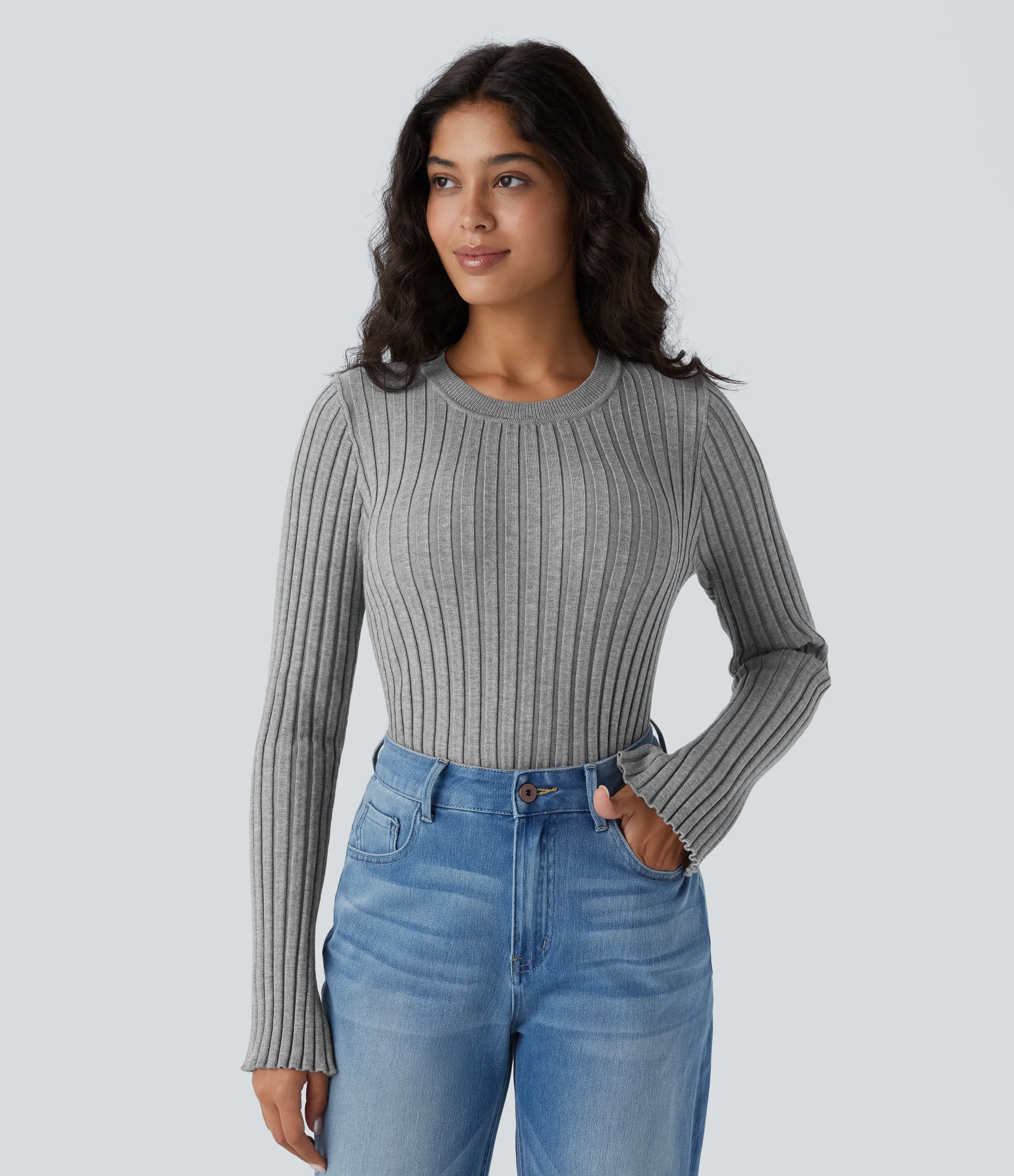 Halara Suéter cuello redondo manga larga volante - Dark Mottled Grey - XS sold by Halara