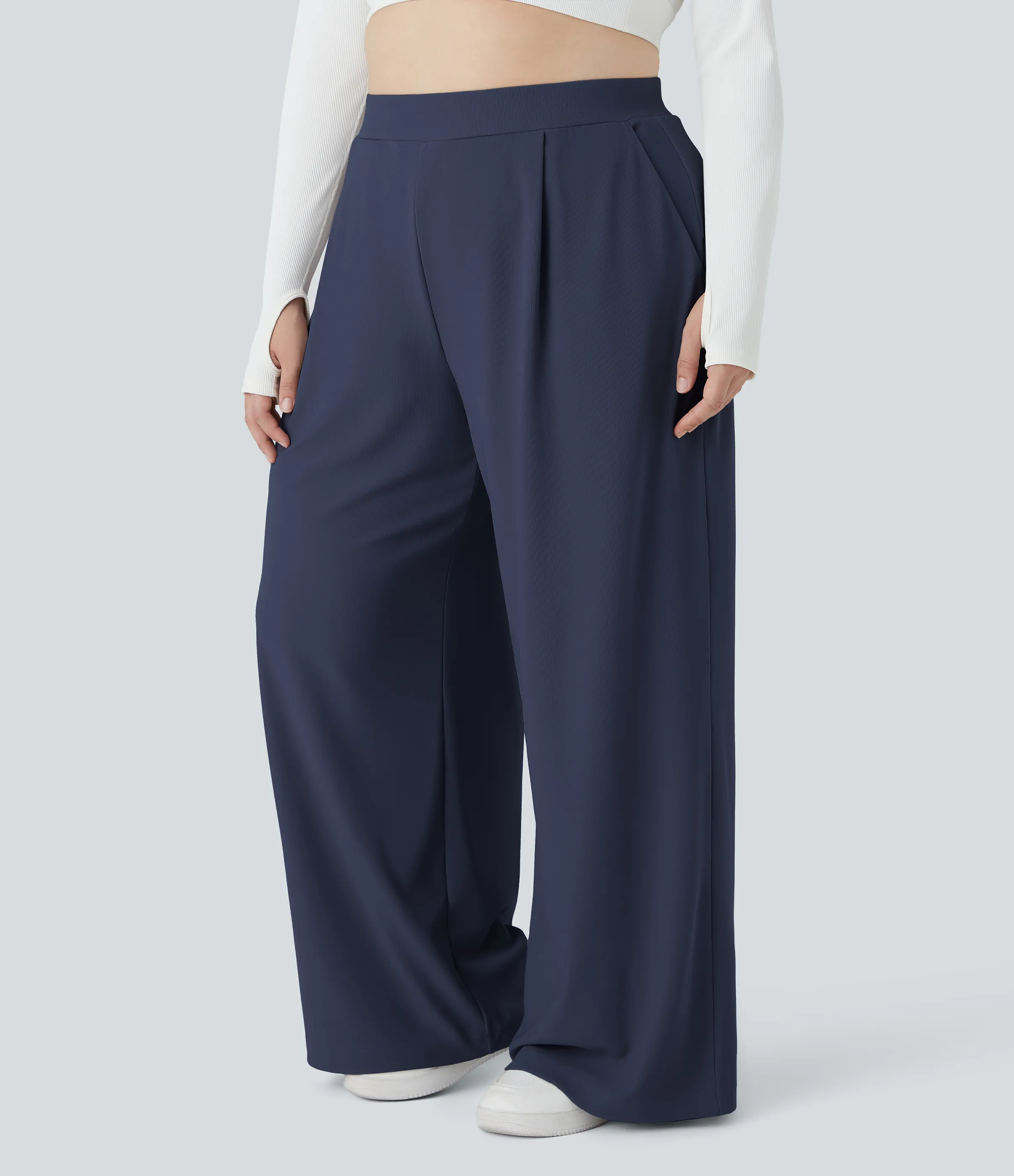 Halara Pantalón Halara Flex™ oficina tiro alto control abdomen adelgazan tiro bolsillo lateral pierna ancha microgofre talla grande - Mood Indigo - 3X(regular) sold by Halara product image thumbnail 2