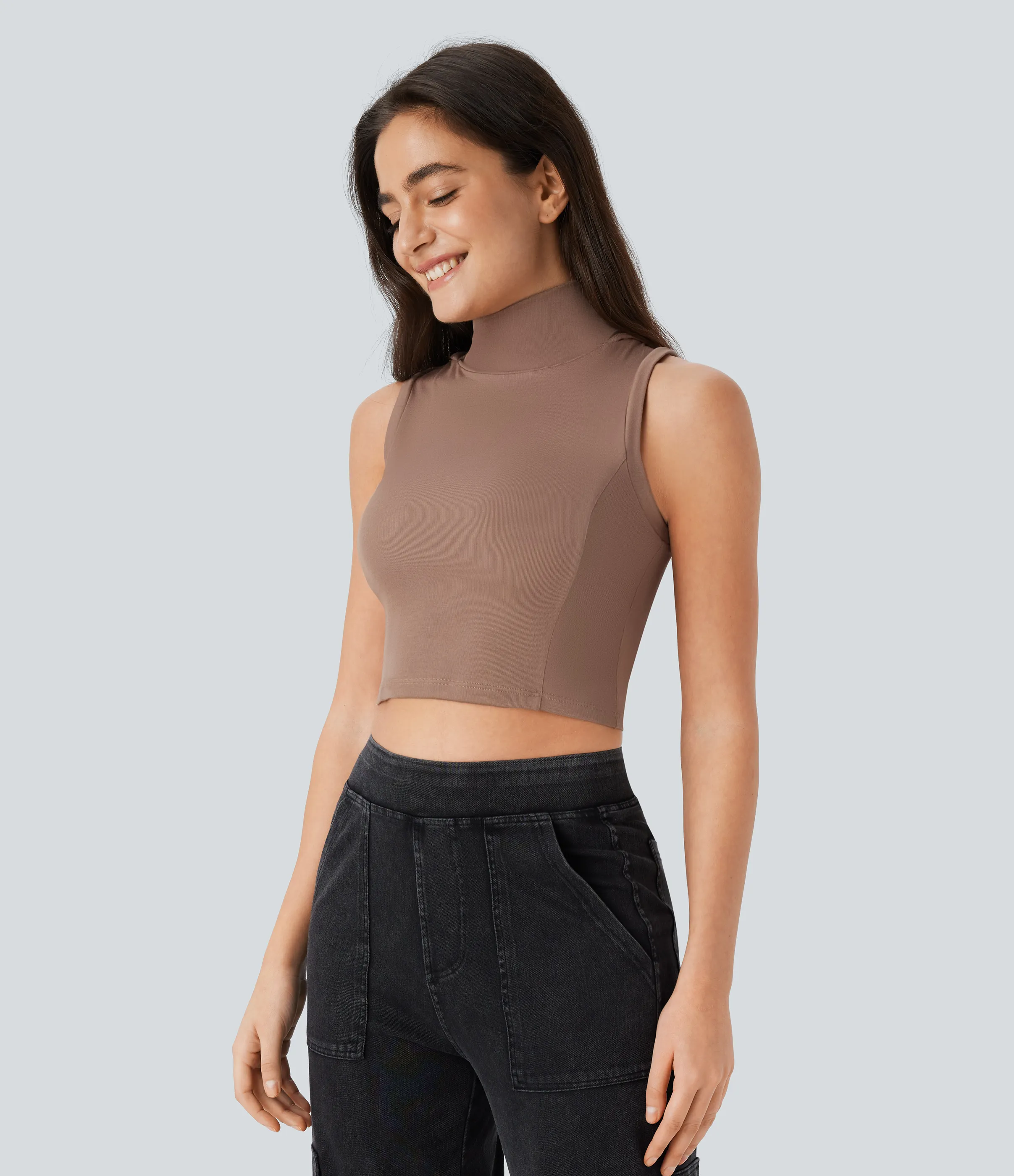 Halara Camiseta sin mangas cuello alto capucha canalé corte - Beaver Fur - S sold by Halara product image thumbnail 4