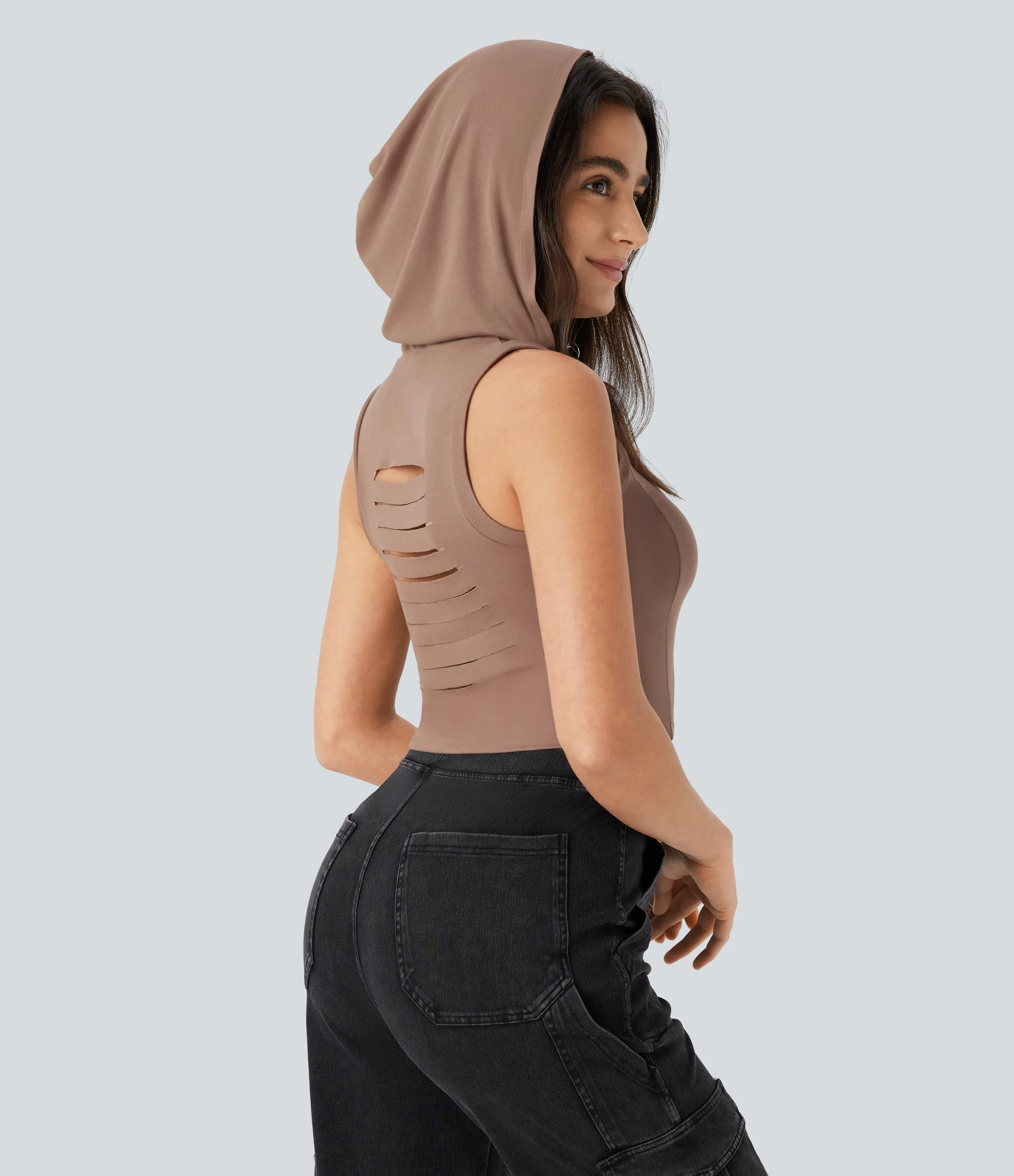 Halara Camiseta sin mangas cuello alto capucha canalé corte - Beaver Fur - XL sold by Halara product image thumbnail 3