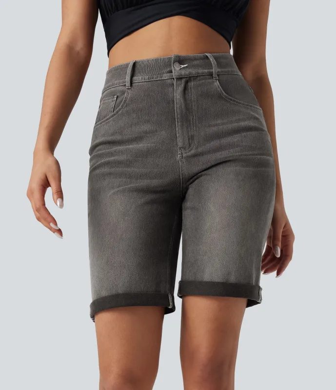 Halara Bermudas Halara Flex™ Denim mezclilla elástico lavado dobladillo enrollado múltiple bolsillo tiro alto - Cool Gray Denim - L(regular) sold by Halara