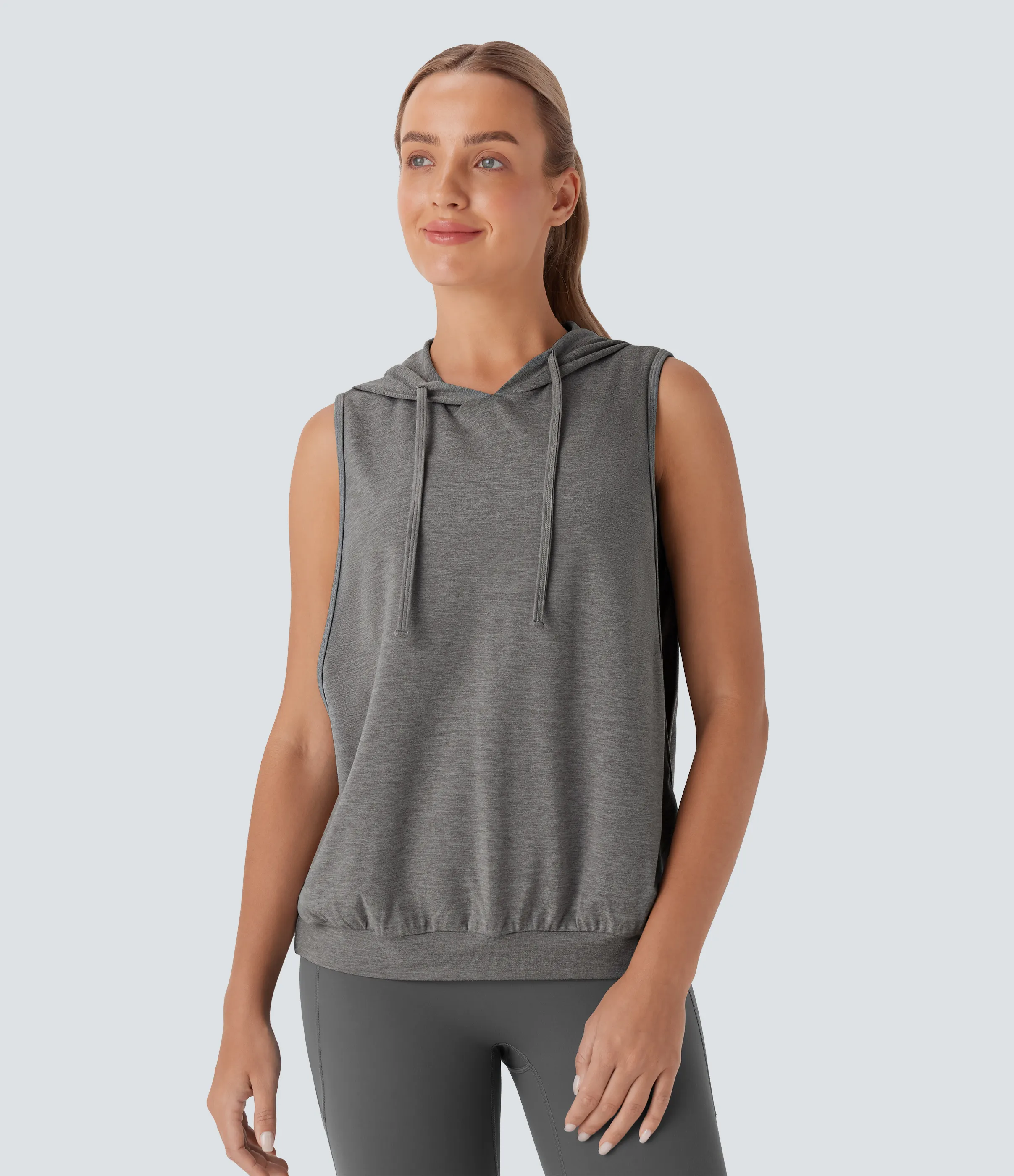 Halara Camiseta de entrenamiento tipo sudadera sin mangas con capucha y cordón ajustable - Mottled Earth Gray - L(Long) sold by Halara product image thumbnail 2