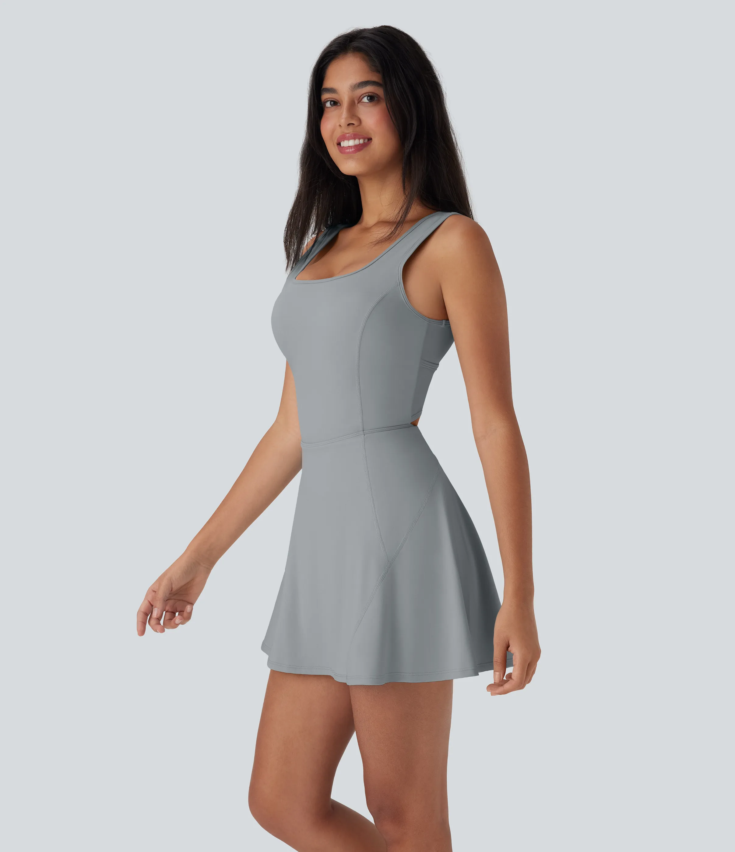 Halara Vestido mini de baile Softlyzero™ Airy 2 en 1 con espalda abierta cruzada y escote en U con bolsillos laterales y fresco al tacto - Easy Peezy - Quarry - S sold by Halara product image thumbnail 4