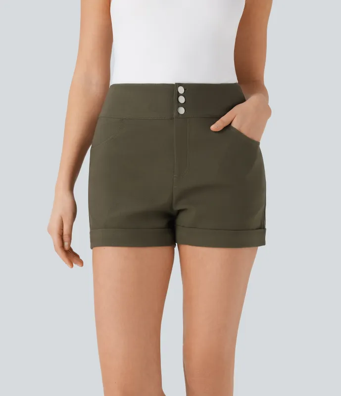 Halara Shorts casuales ajustados de tiro alto con botones y dobladillo enrollado con bolsillos - Forest Wild Brown - XL sold by Halara