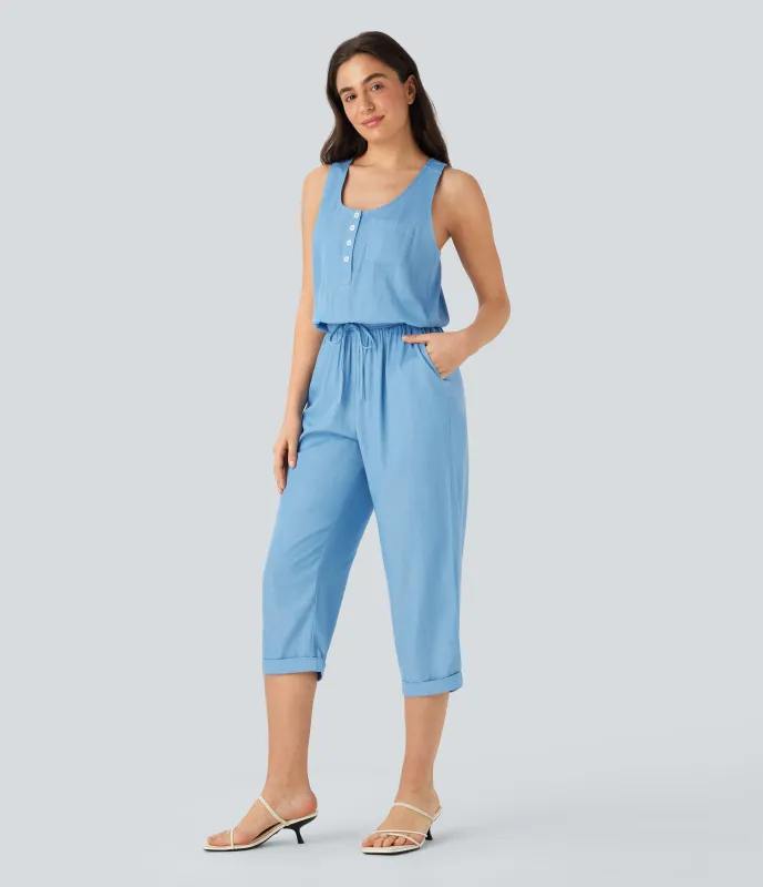 Halara Mono casual ajustado estilo vaquero con cordón, botones y espalda descubierta con múltiples bolsillos - Denim Light Blue - L sold by Halara