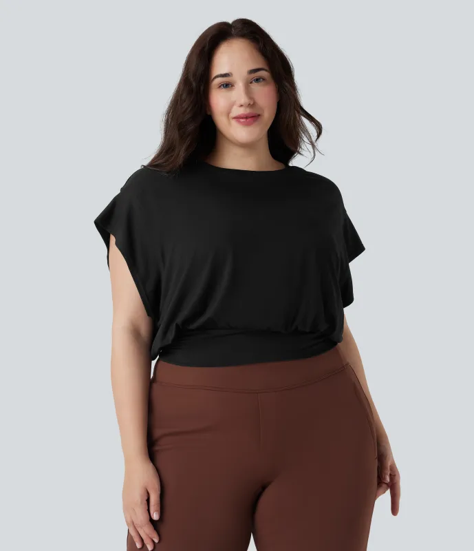 Halara Camiseta oficina talla grande cuello redondo manga corta murciélago - Black - 2X made by Halara