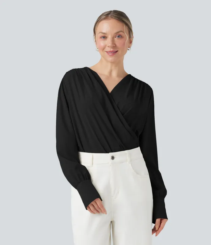 Halara Body de oficina Breezeful™ de secado rápido con cuello en V cruzado y manga larga - Black - XS sold by Halara