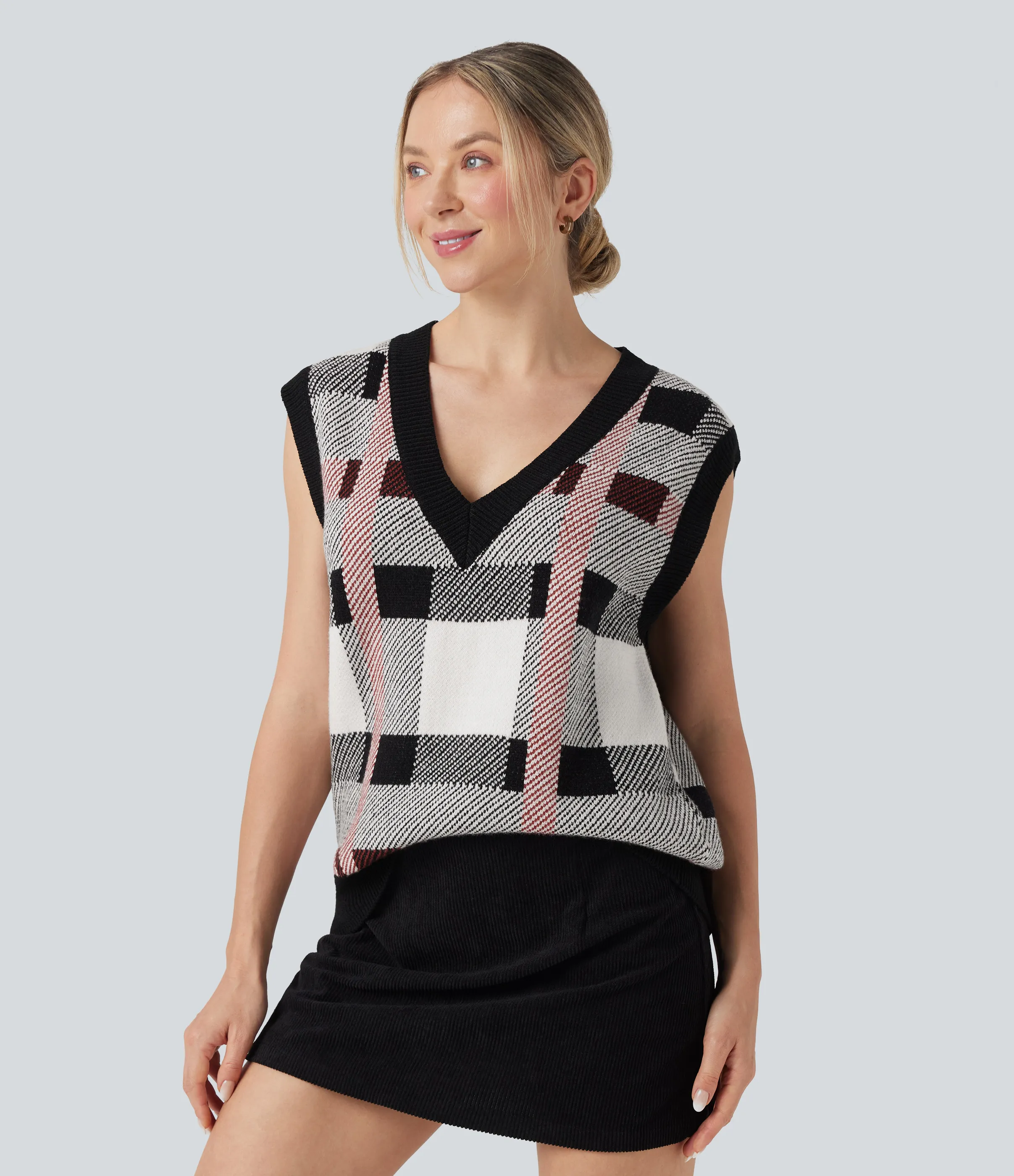 Halara Chamarra casual tipo suéter a cuadros con cuello en V - Dusty Rose Plaid - S sold by Halara product image thumbnail 4