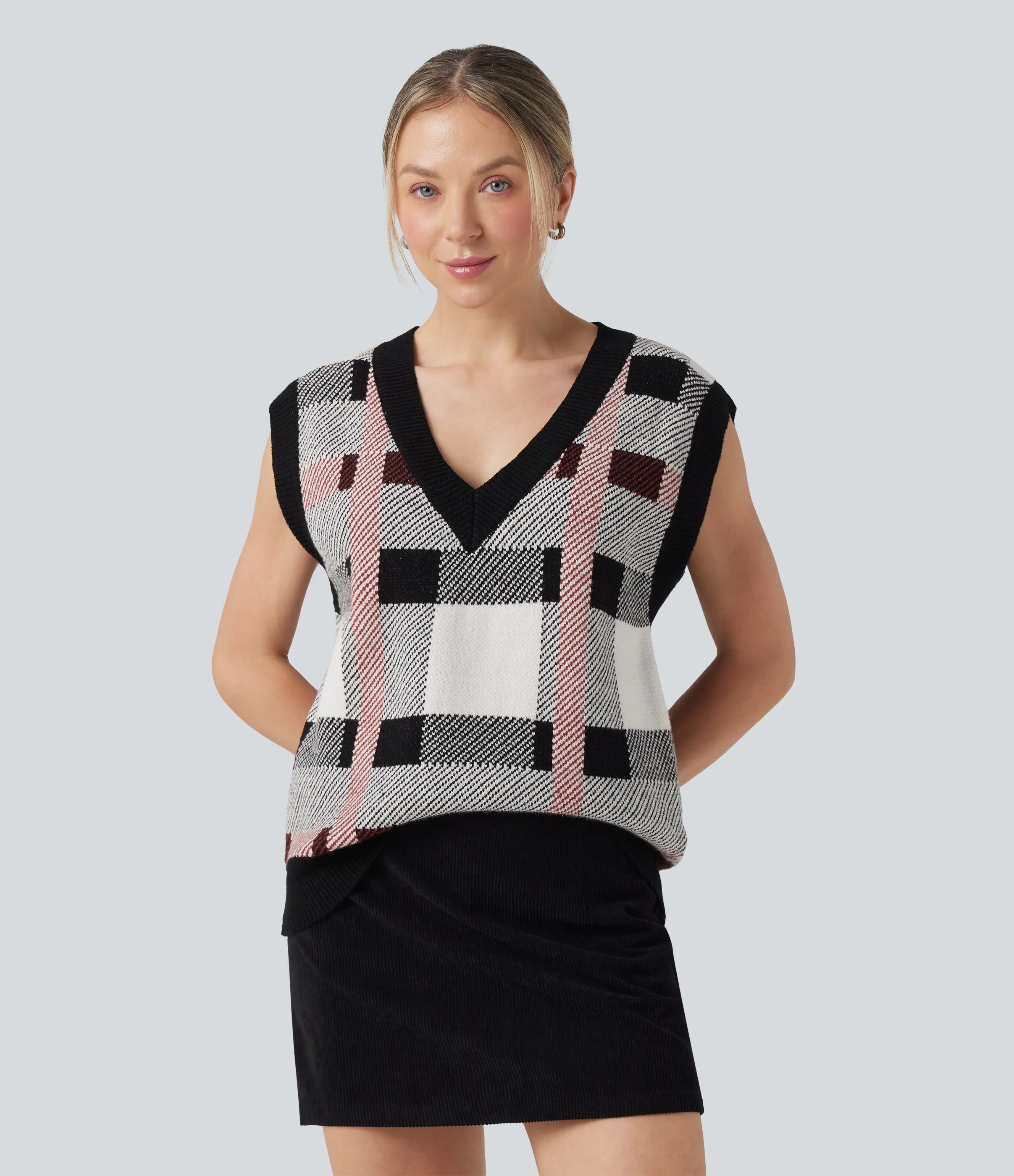 Halara Chamarra casual tipo suéter a cuadros con cuello en V - Dusty Rose Plaid - S sold by Halara product image thumbnail 5