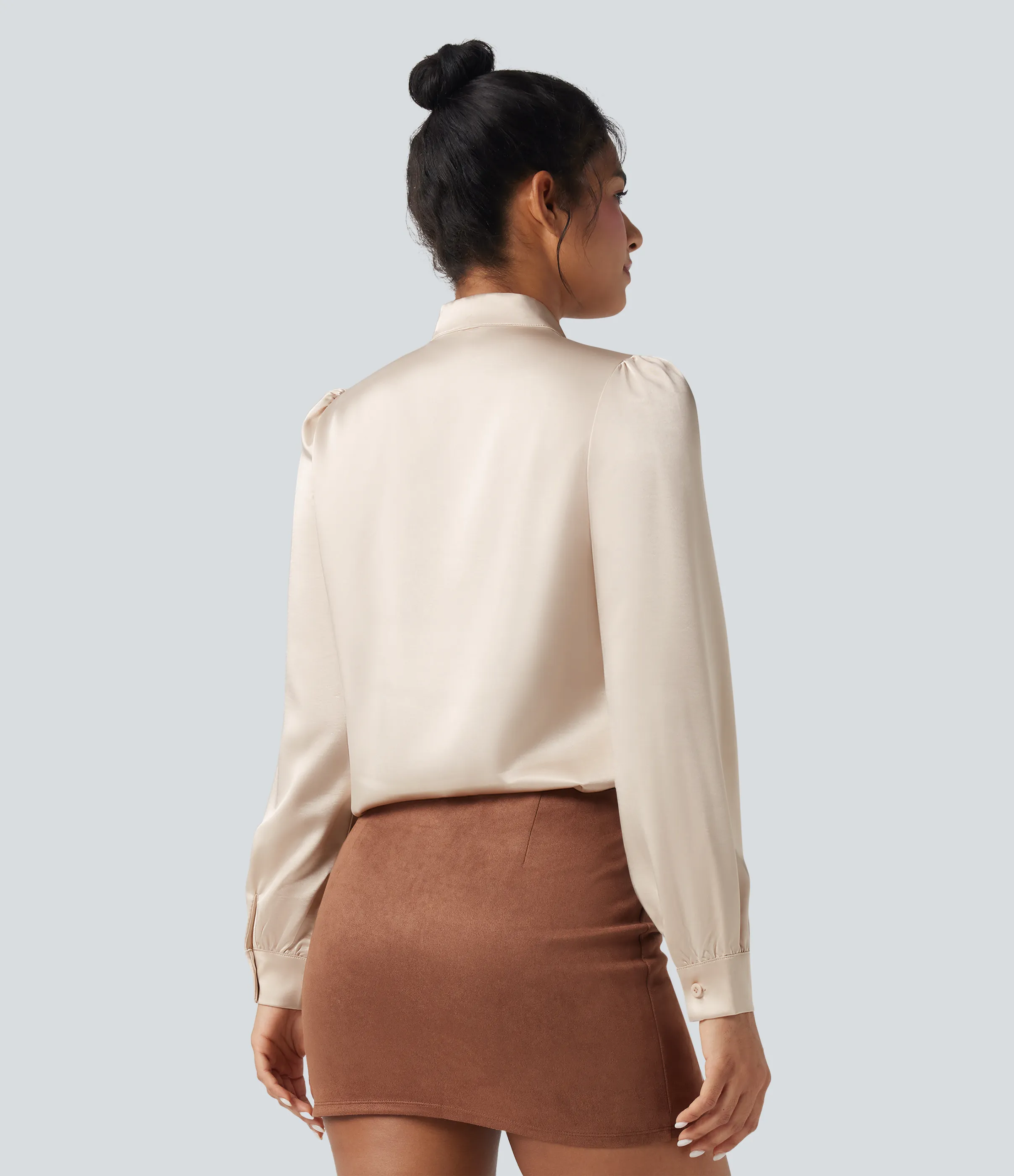 Halara Camisa de oficina de satén de manga larga con lazo delantero - Birch - M sold by Halara product image thumbnail 3