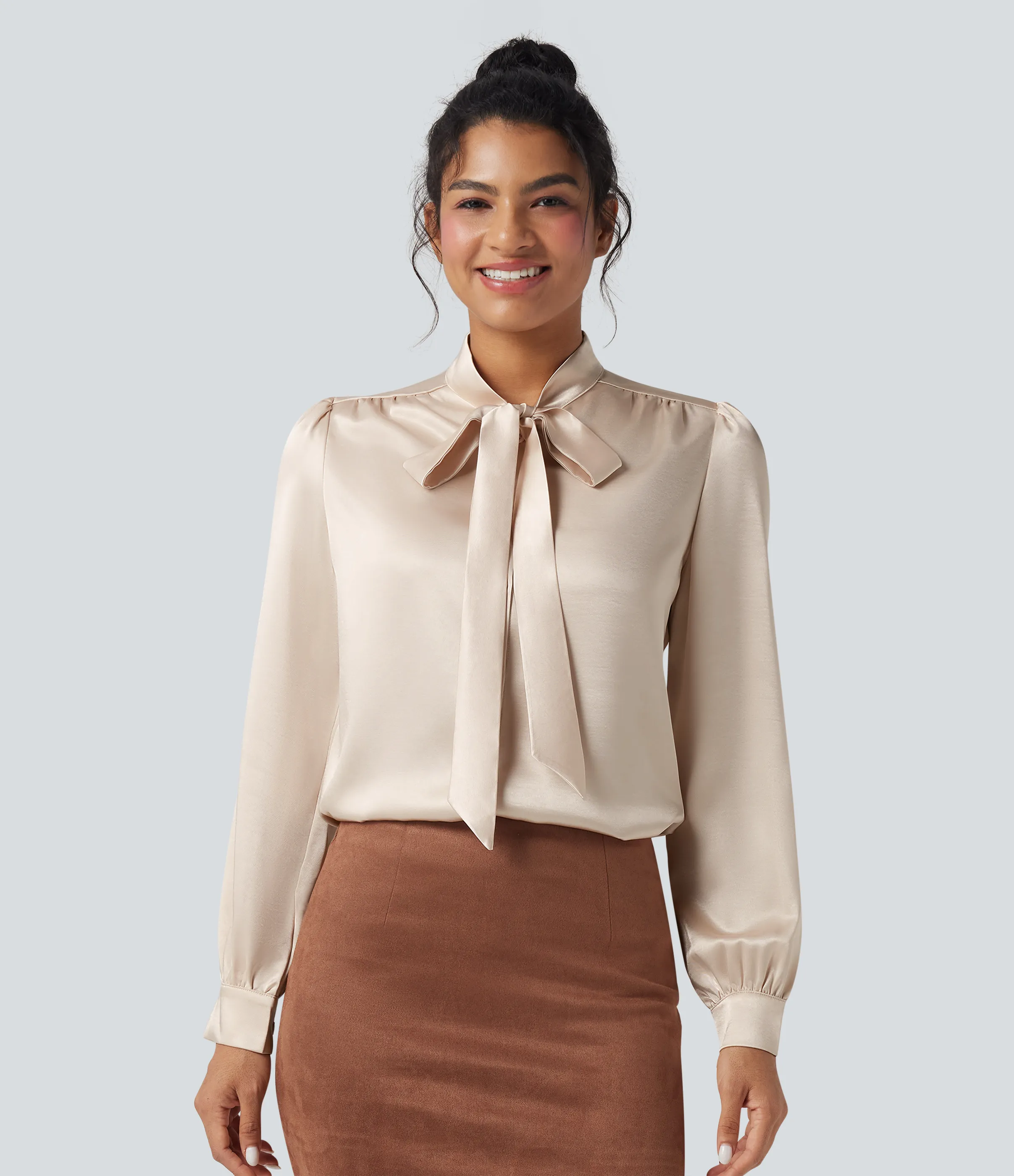 Halara Camisa de oficina de satén de manga larga con lazo delantero - Birch - M sold by Halara product image thumbnail 4