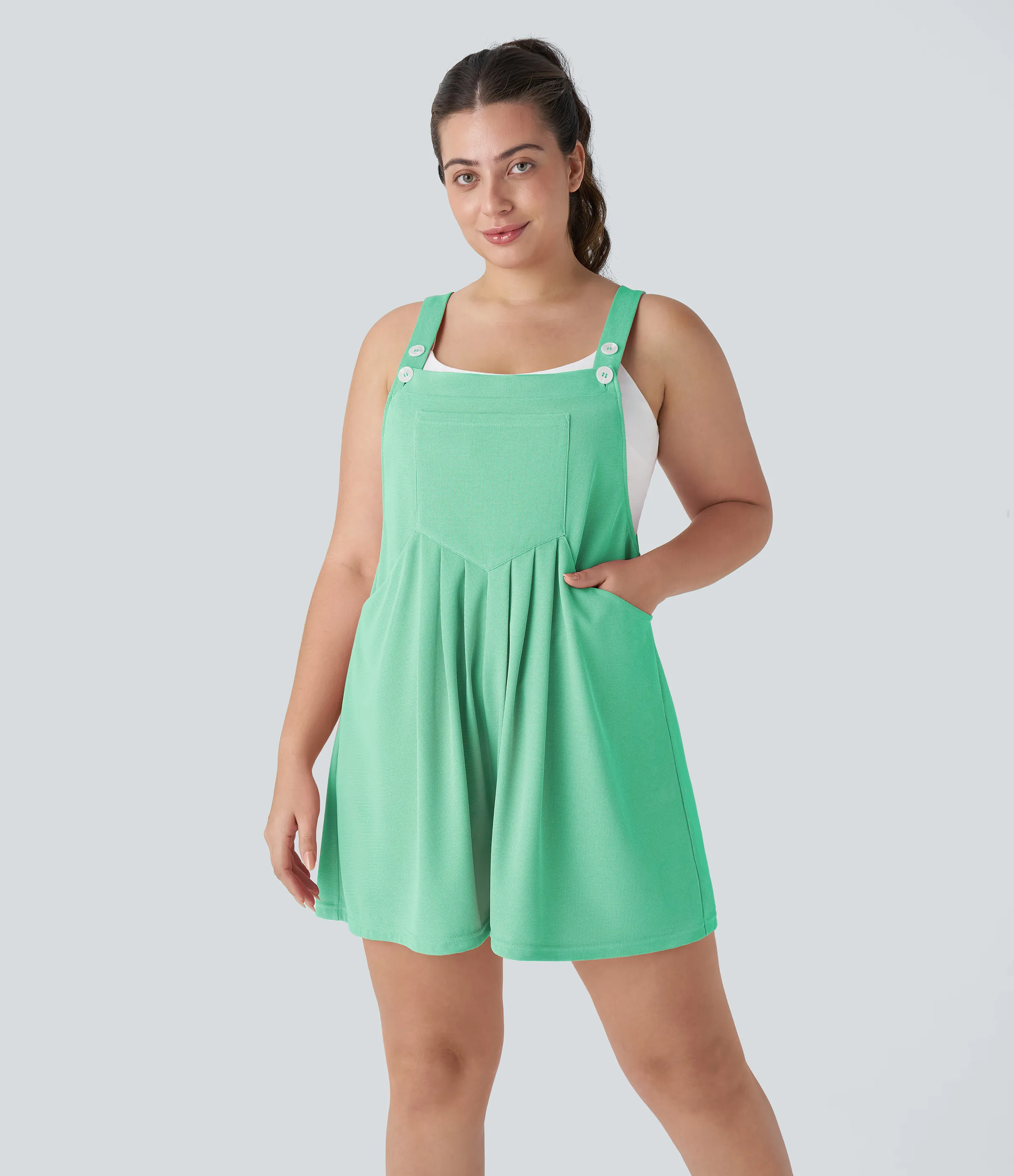 Halara Overol Gofre talla grande correa ajustable botón múltiple bolsillo plisado - Light Sea Green - 1X sold by Halara