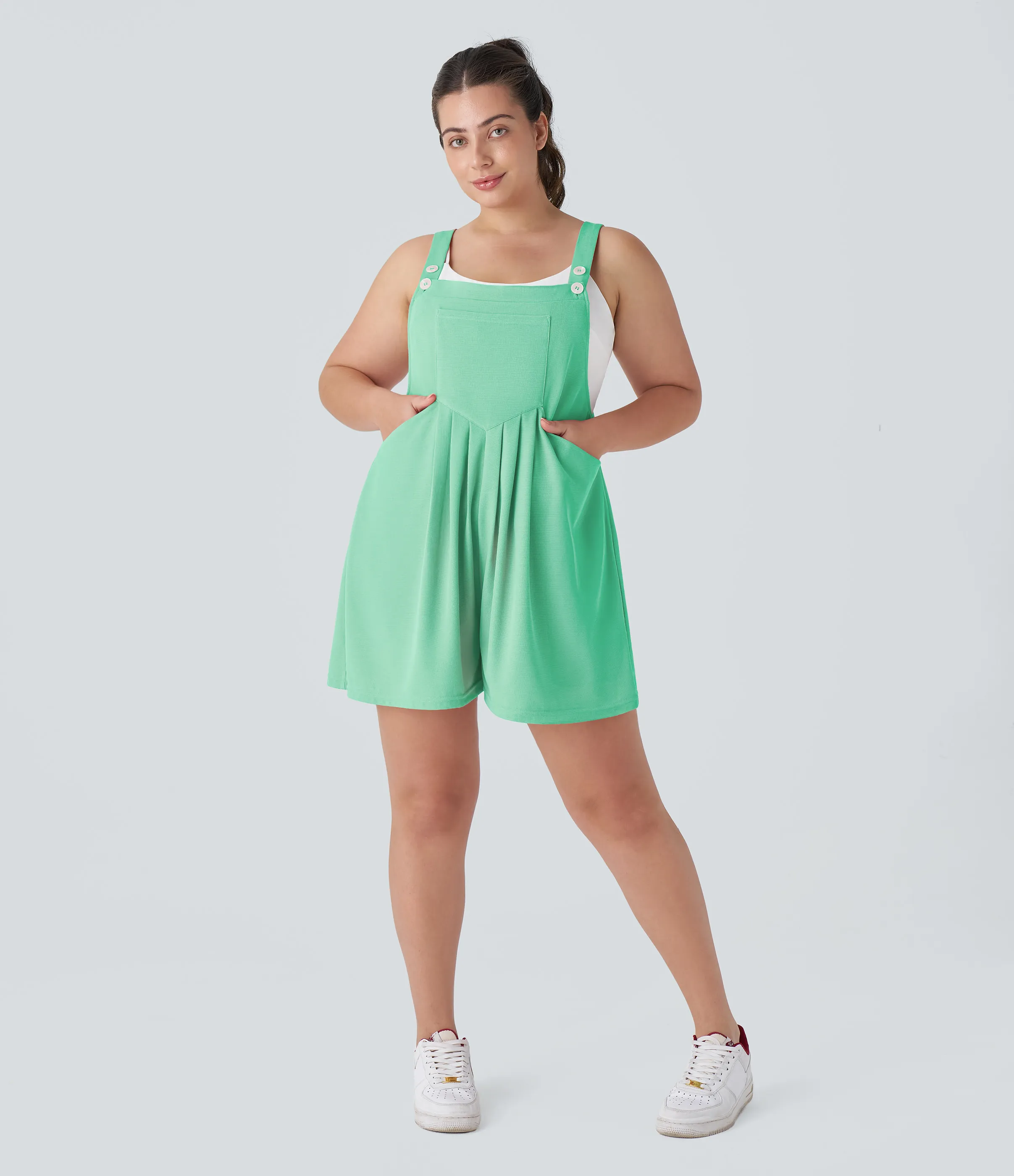 Halara Overol Gofre talla grande correa ajustable botón múltiple bolsillo plisado - Light Sea Green - 1X sold by Halara product image thumbnail 5