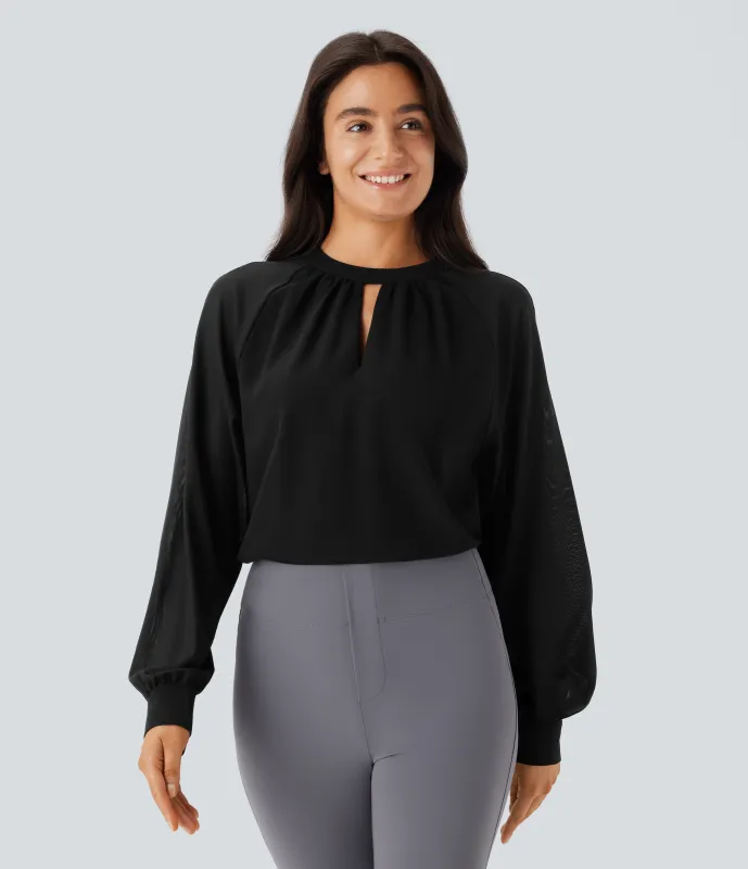 Halara Blusa oficina cuello alto abertura espalda manga raglán malla contrastante - Black - L made by Halara