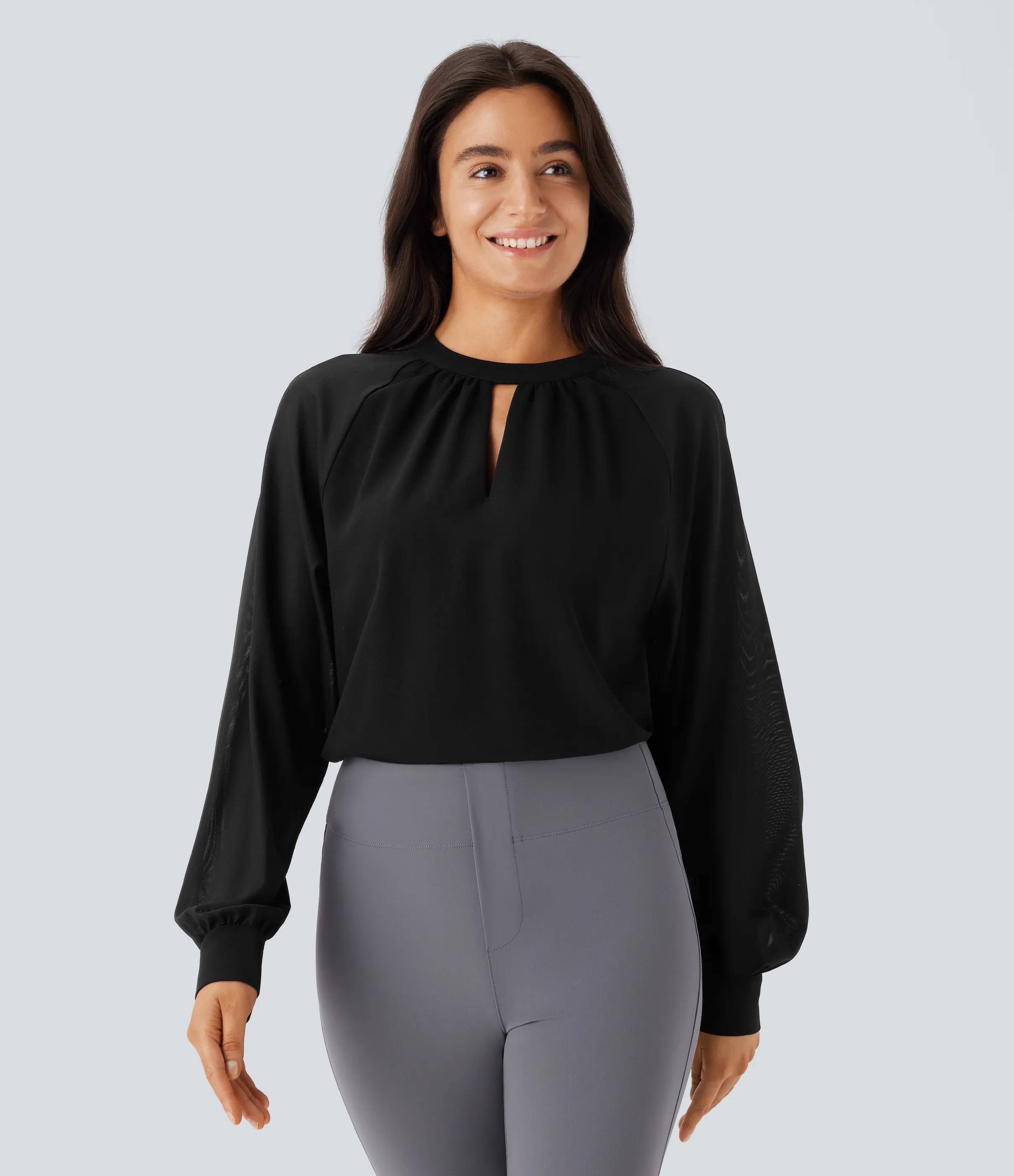 Halara Blusa oficina cuello alto abertura espalda manga raglán malla contrastante - Black - L sold by Halara product image thumbnail 2