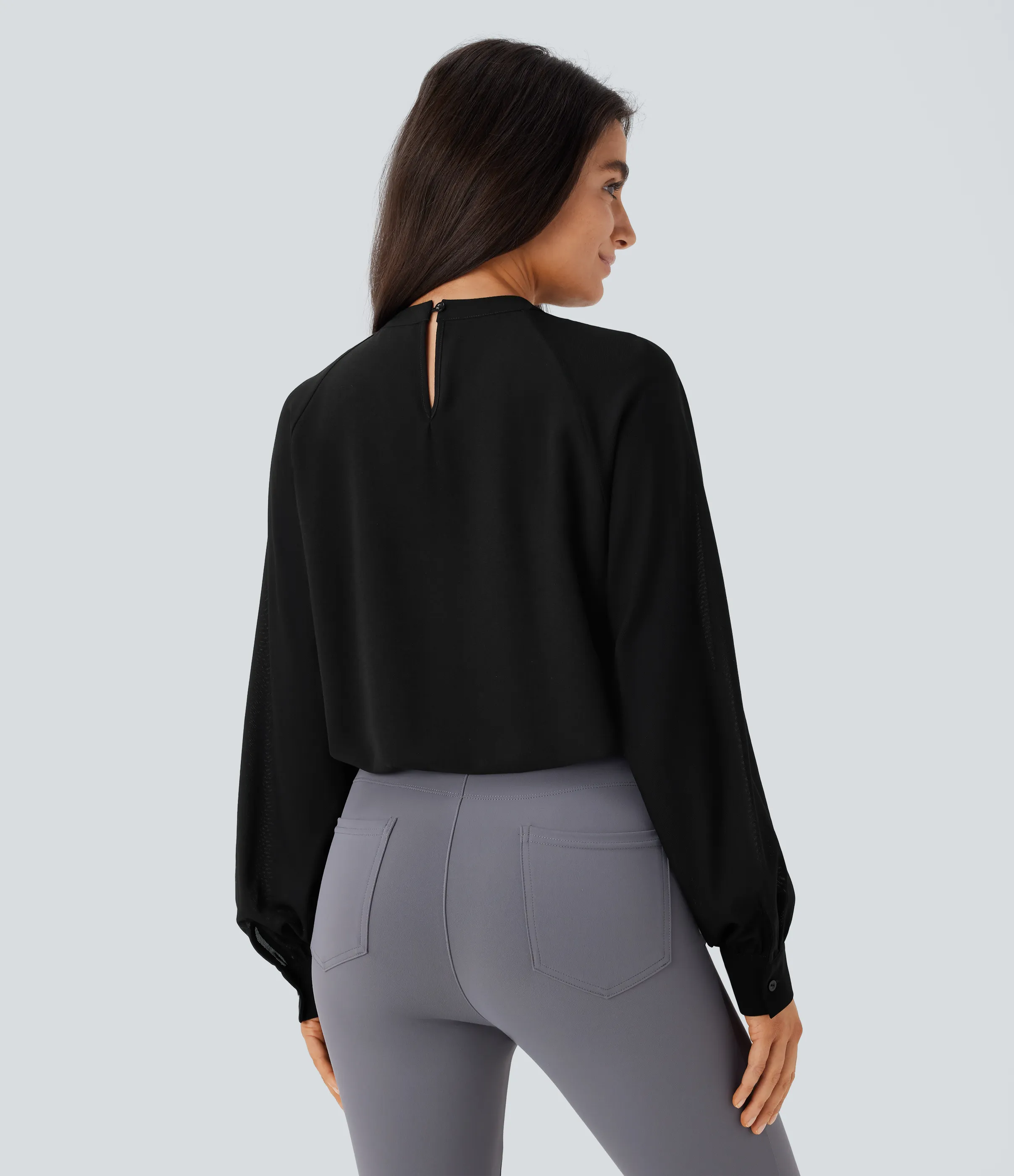 Halara Blusa oficina cuello alto abertura espalda manga raglán malla contrastante - Black - L sold by Halara product image thumbnail 3