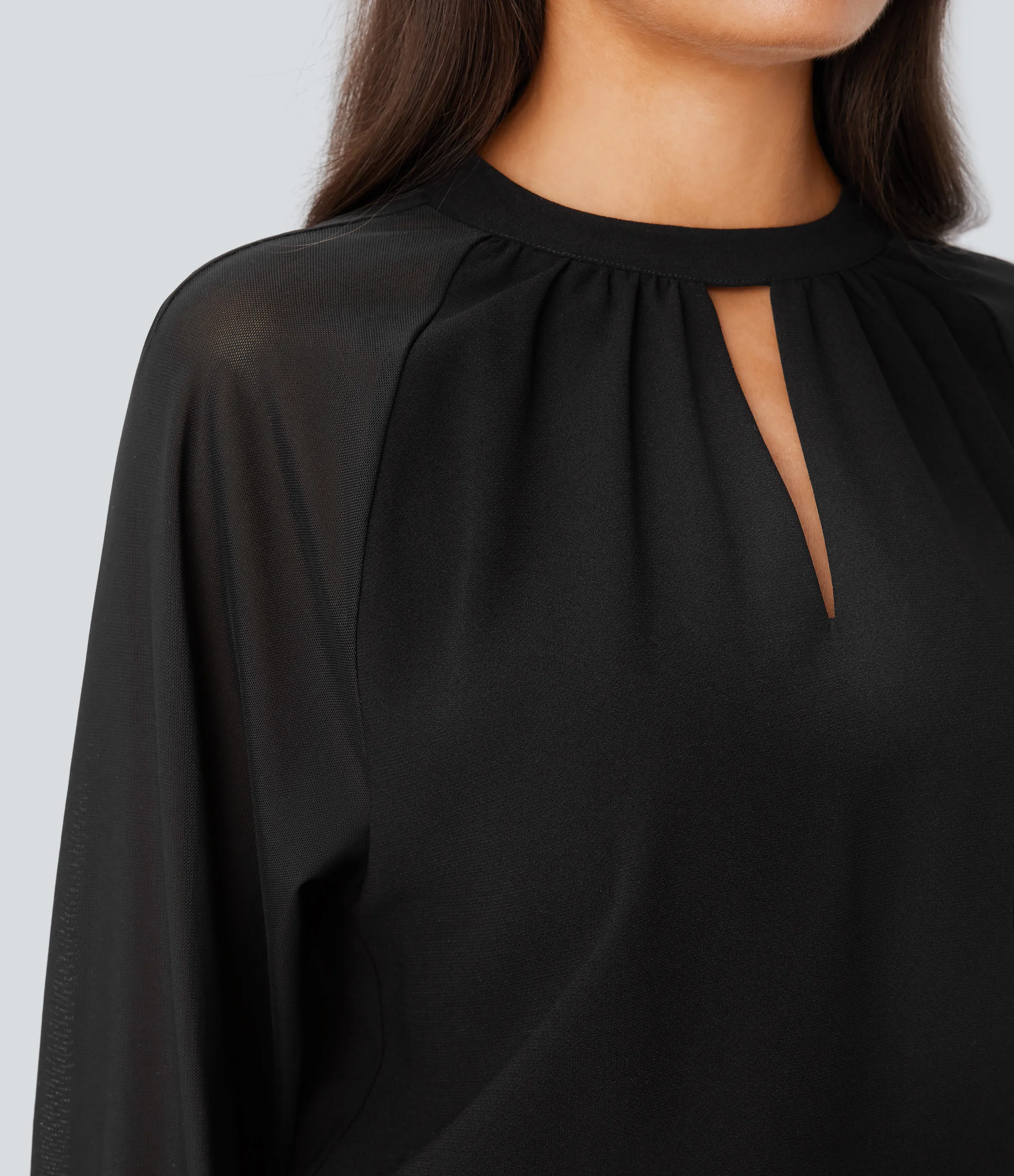 Halara Blusa oficina cuello alto abertura espalda manga raglán malla contrastante - Black - L sold by Halara product image thumbnail 5