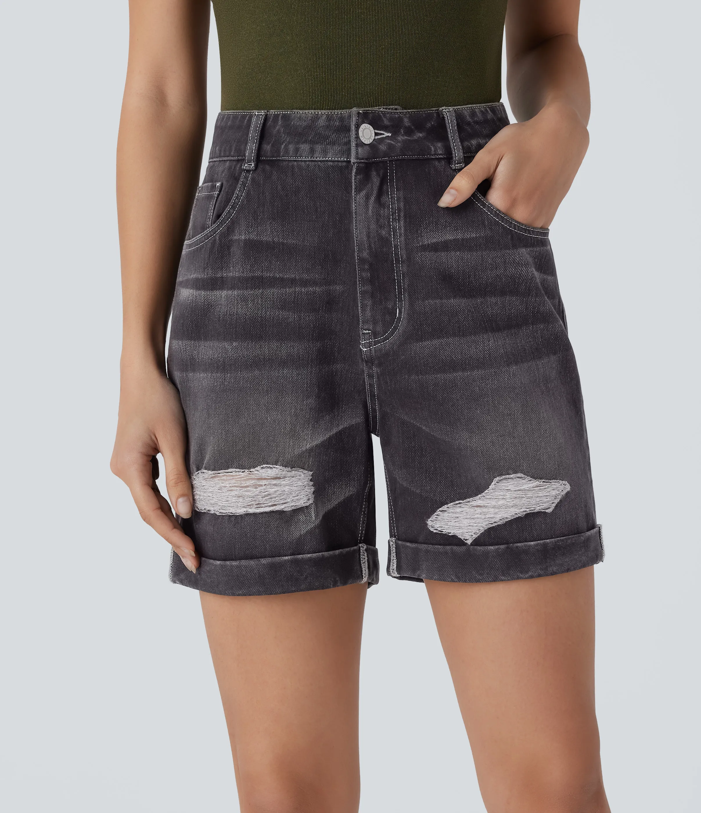 Halara Pantalón corto Halara Flex™ Denim mezclilla elástico lavado dobladillo enrollado tiro alto múltiple bolsillo - Cloud Black Denim - XS(regular) sold by Halara