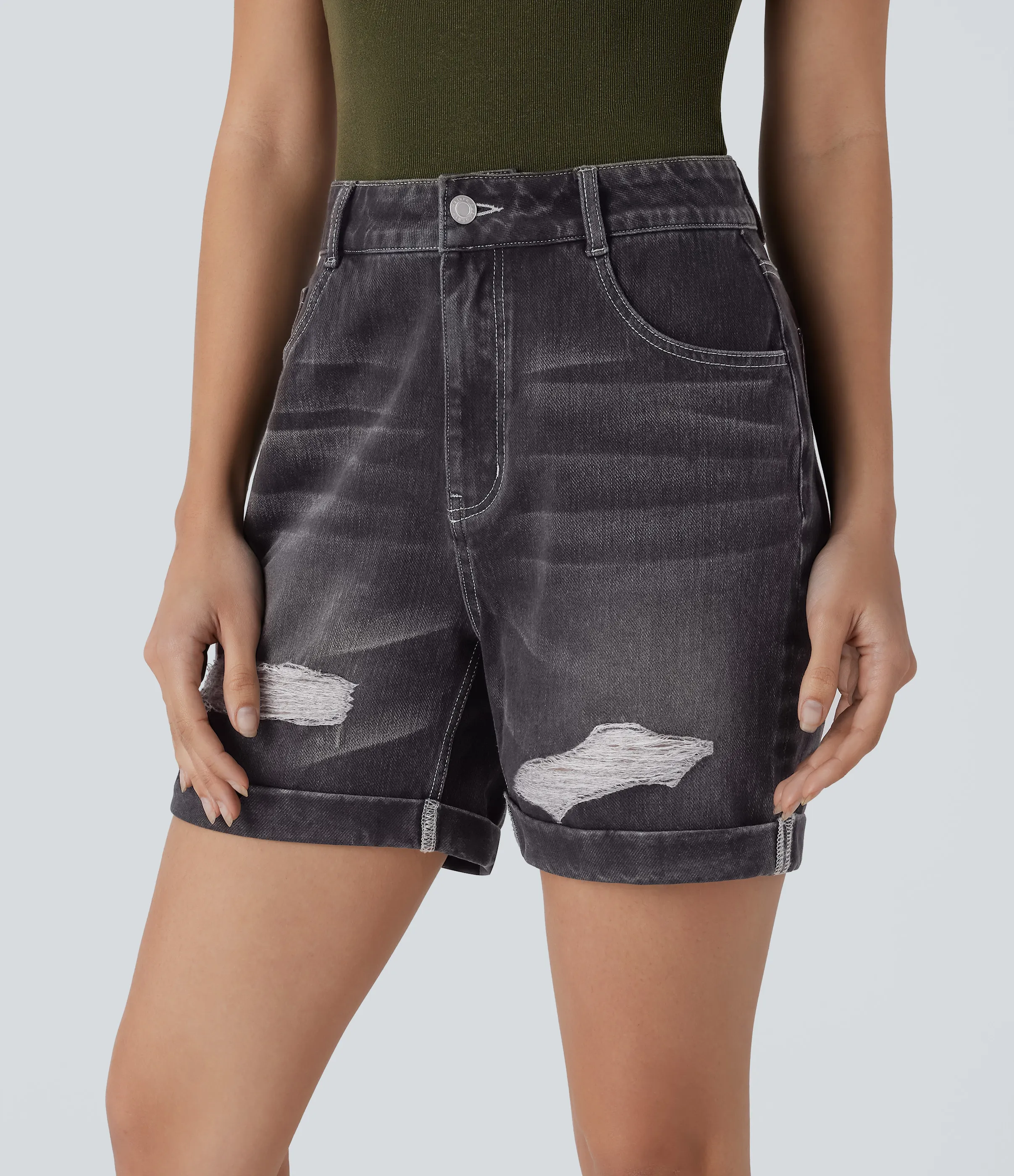 Halara Pantalón corto Halara Flex™ Denim mezclilla elástico lavado dobladillo enrollado tiro alto múltiple bolsillo - Cloud Black Denim - XS(regular) sold by Halara product image thumbnail 4