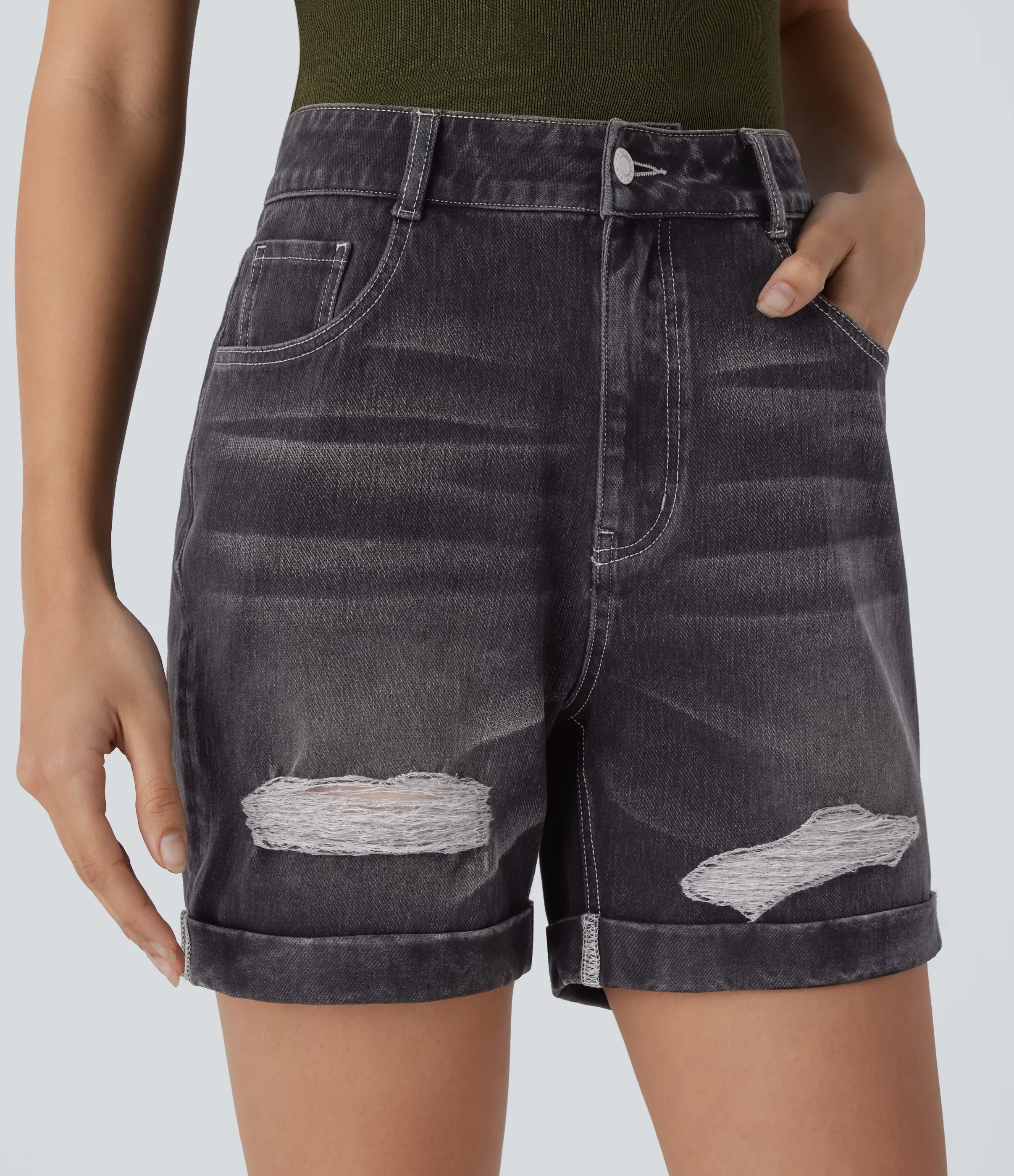 Halara Pantalón corto Halara Flex™ Denim mezclilla elástico lavado dobladillo enrollado tiro alto múltiple bolsillo - Cloud Black Denim - XS(regular) sold by Halara product image thumbnail 5