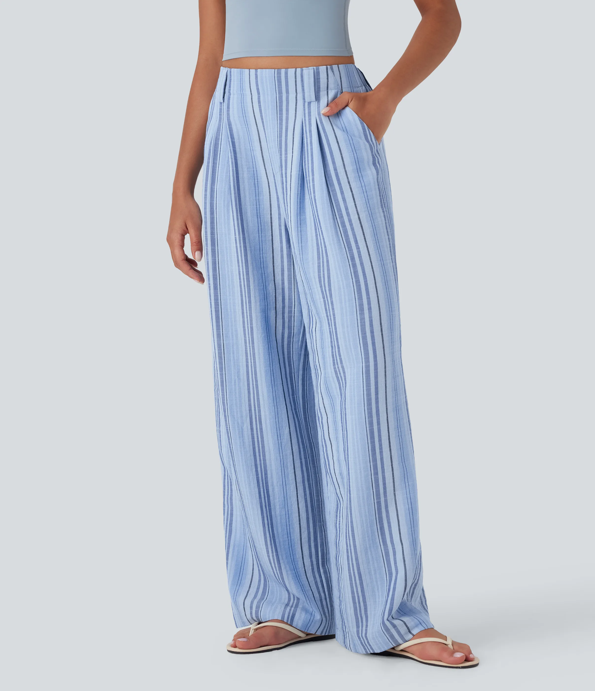 Halara Pantalones anchos casuales de lino a rayas con tiro alto y bolsillos - Bohemia Yarn Dye Blue Stripe - XS(regular) sold by Halara product image thumbnail 4