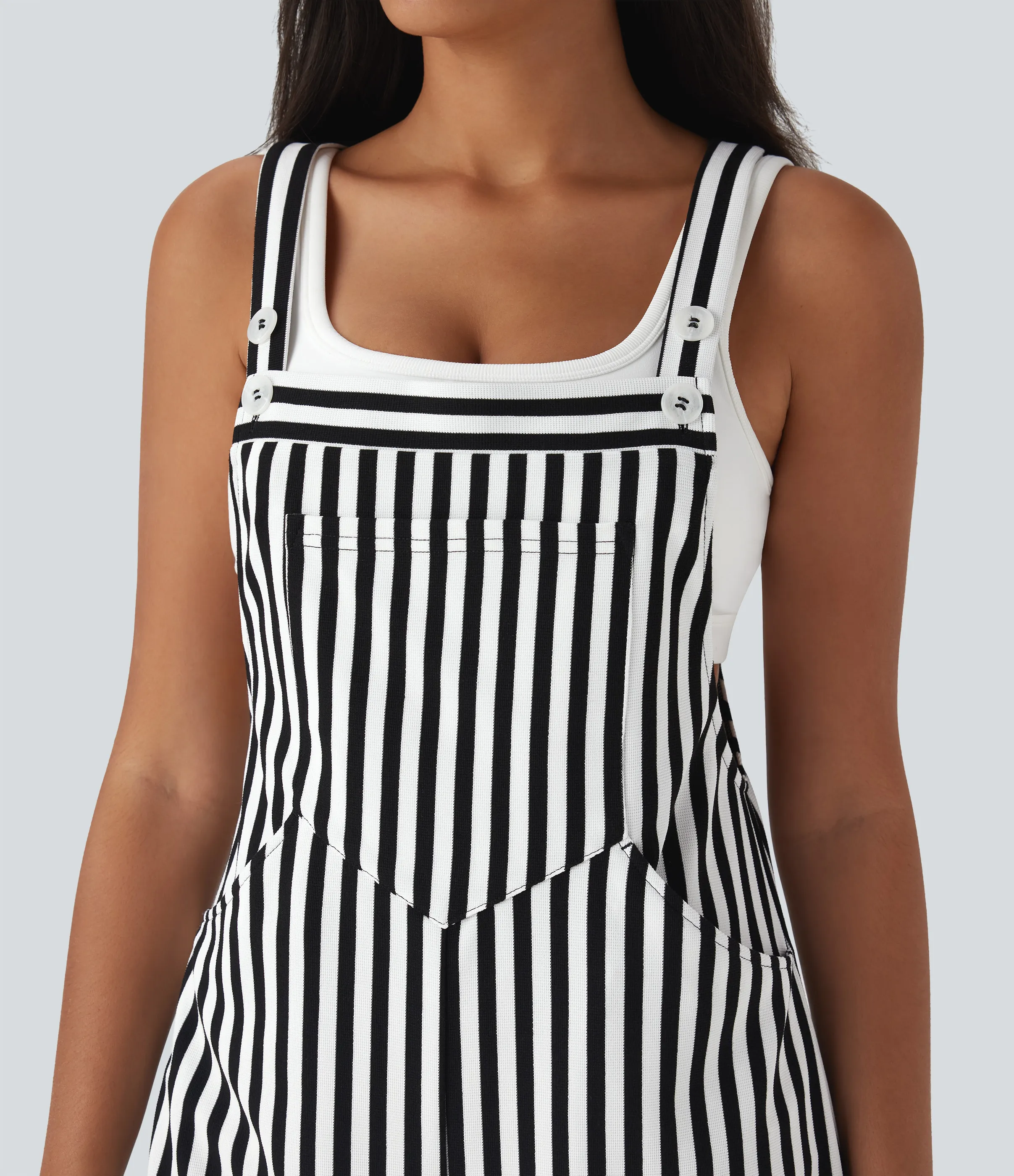 Halara Overol resort gofre raya múltiple bolsillo botón correa ajustable - Black White Horizontal Stripe - XS sold by Halara product image thumbnail 5