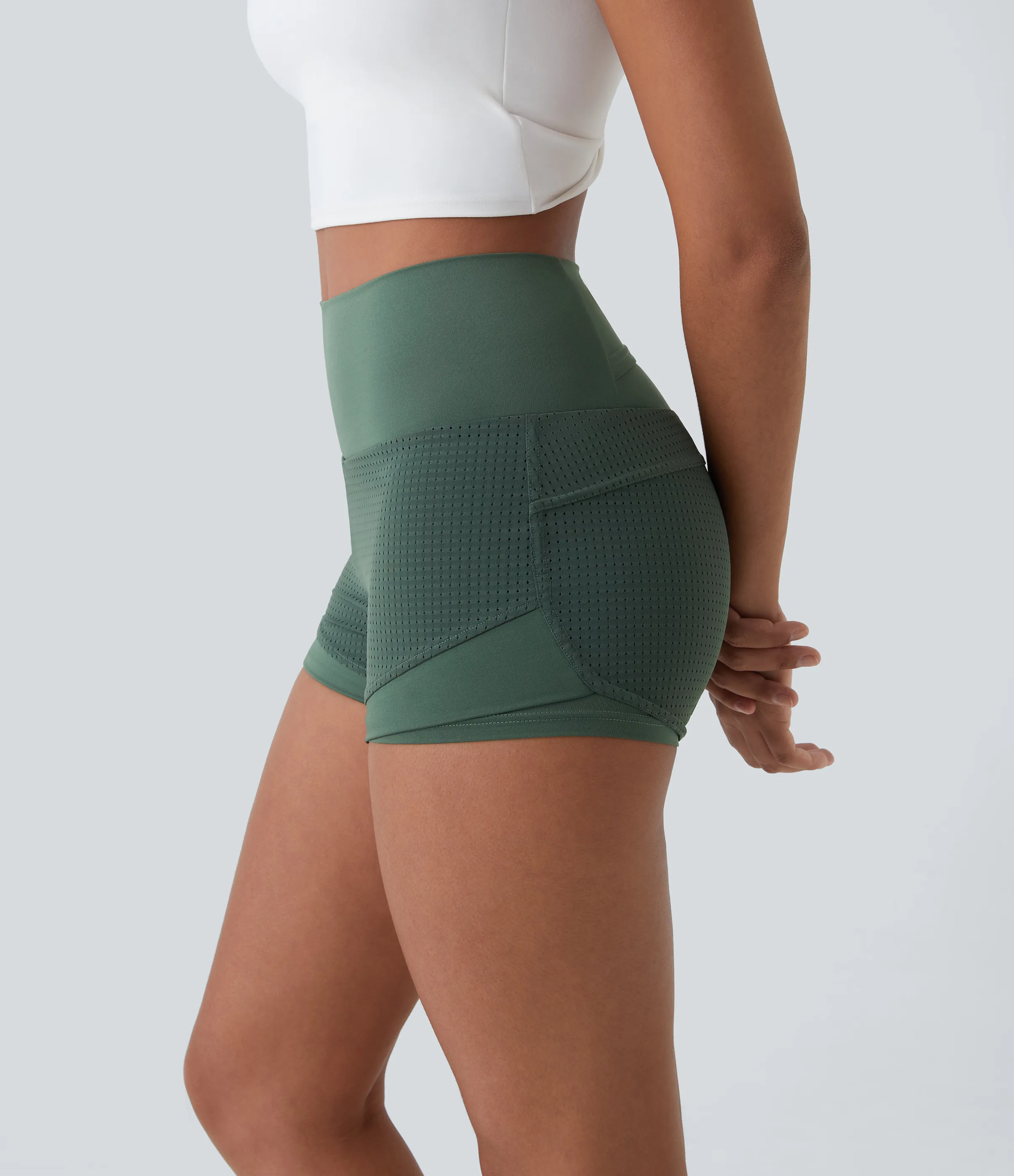 Halara Pantalones cortos de tiro alto 2 en 1 con bolsillo trasero - Duck Green - XL sold by Halara