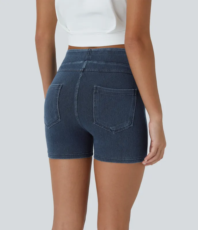 Halara Pantalón corto Halara Flex™ Denim mezclilla elástico bolsillo lateral trasero tiro alto 7.5cm - Washed Denim Navy Blue - XL sold by Halara