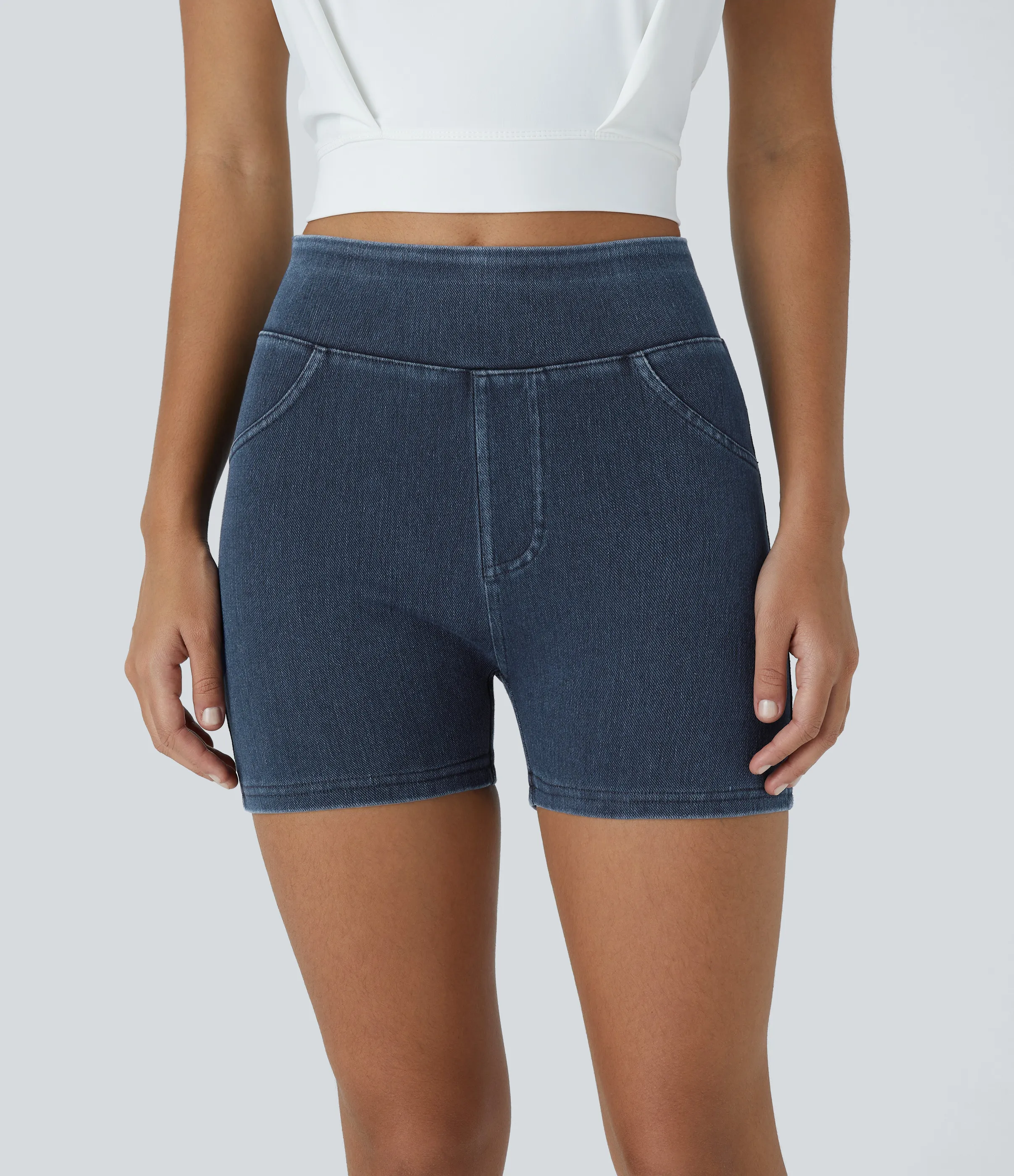 Halara Pantalón corto Halara Flex™ Denim mezclilla elástico bolsillo lateral trasero tiro alto 7.5cm - Washed Denim Navy Blue - XL sold by Halara product image thumbnail 3