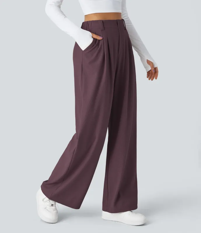 Halara Pantalones Halara Flex™ de oficina anchos plisados de tiro alto con bolsillos en tela tipo gofre - Plum Wine - S(expetite) made by Halara