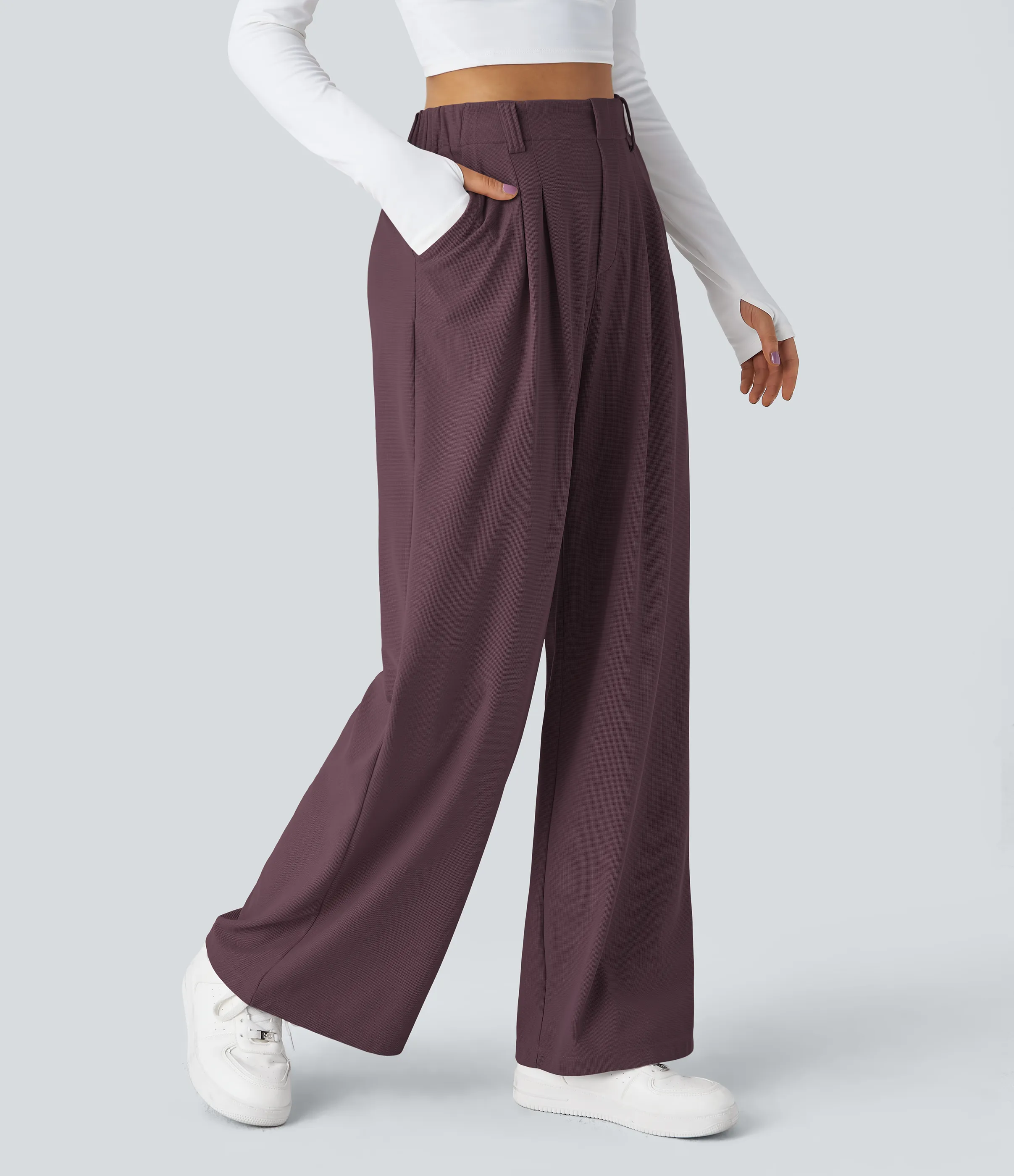 Halara Pantalones Halara Flex™ de oficina anchos plisados de tiro alto con bolsillos en tela tipo gofre - Plum Wine - S(expetite) sold by Halara product image thumbnail 2