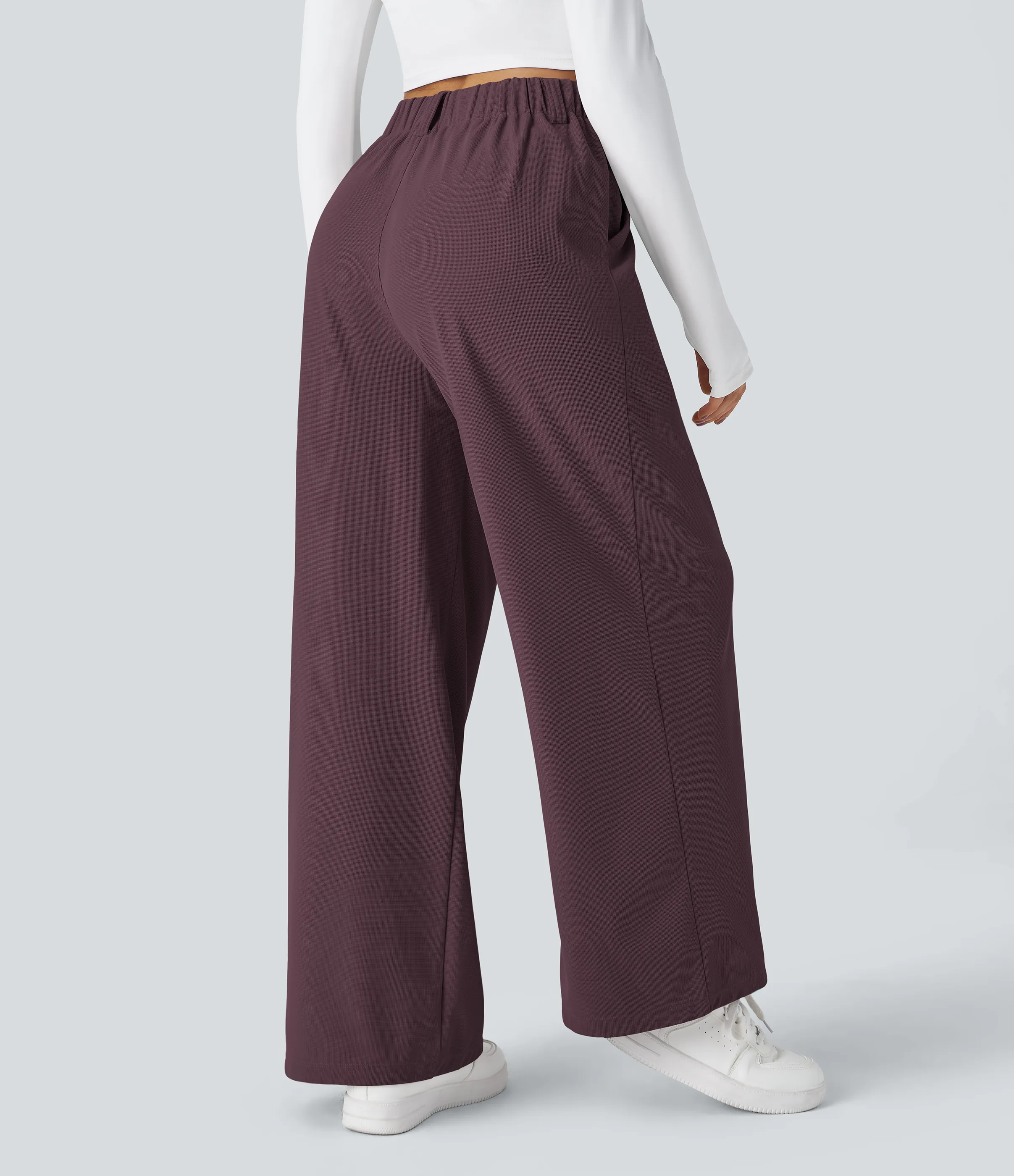 Halara Pantalones Halara Flex™ de oficina anchos plisados de tiro alto con bolsillos en tela tipo gofre - Plum Wine - S(expetite) sold by Halara product image thumbnail 3