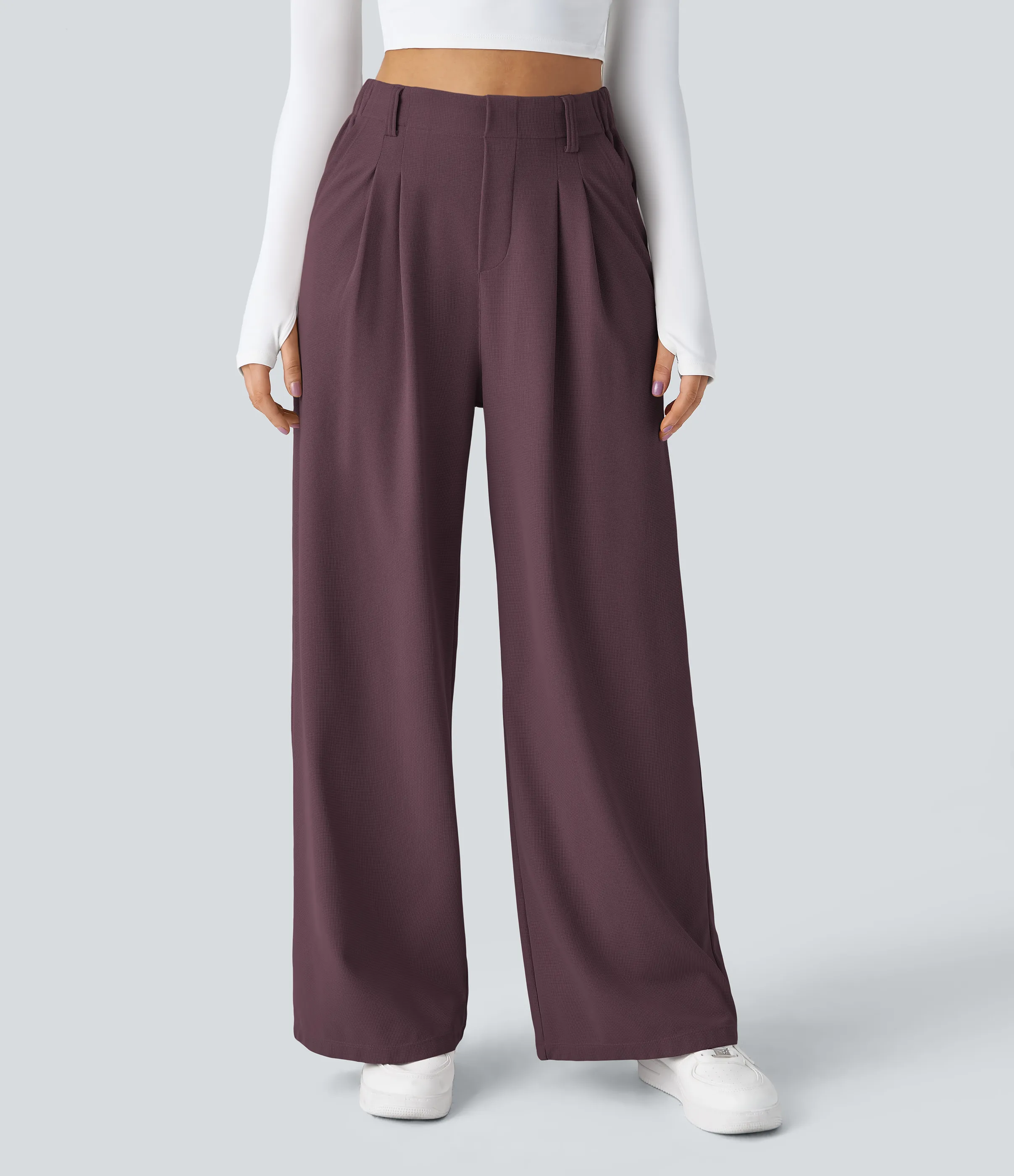 Halara Pantalones Halara Flex™ de oficina anchos plisados de tiro alto con bolsillos en tela tipo gofre - Plum Wine - S(expetite) sold by Halara product image thumbnail 4