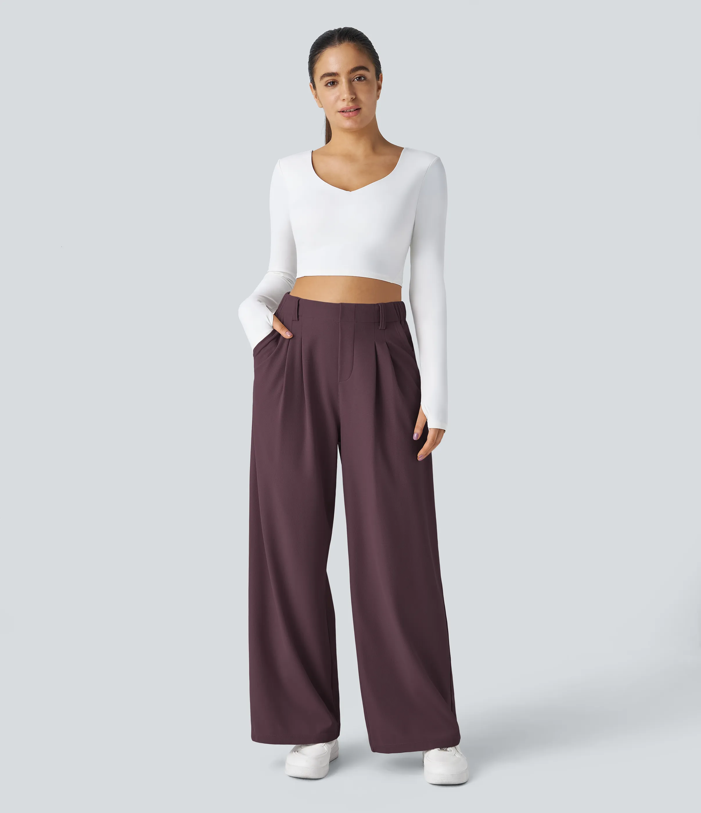 Halara Pantalones Halara Flex™ de oficina anchos plisados de tiro alto con bolsillos en tela tipo gofre - Plum Wine - S(expetite) sold by Halara product image thumbnail 5