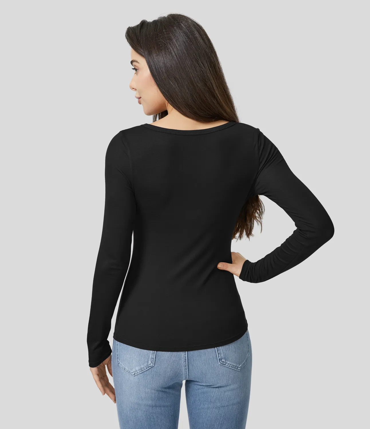 Halara Top ajustado manga larga cuello Henley acanalado - Black - L sold by Halara product image thumbnail 3