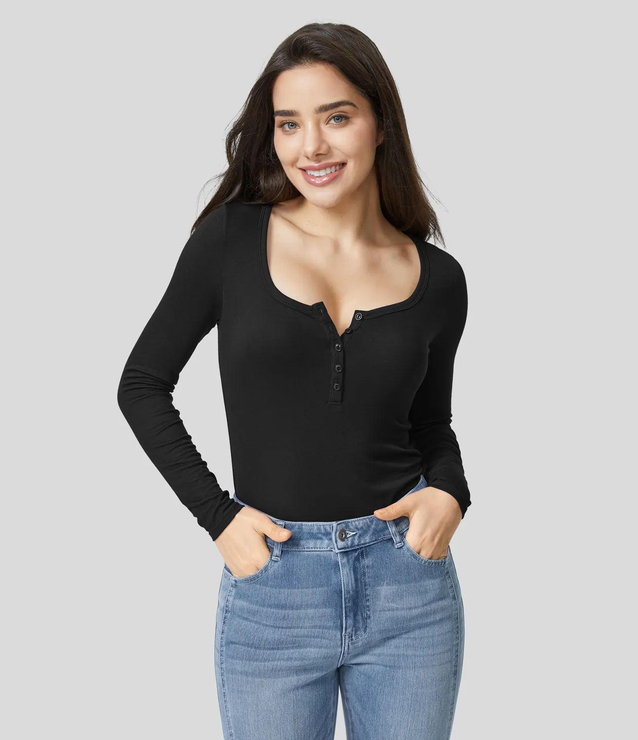 Halara Top ajustado manga larga cuello Henley acanalado - Black - L sold by Halara product image thumbnail 5