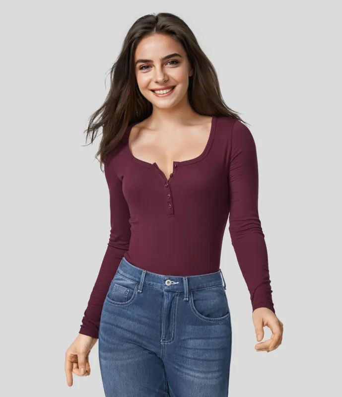Halara Top ajustado manga larga cuello Henley acanalado - Maroon Banner - M sold by Halara