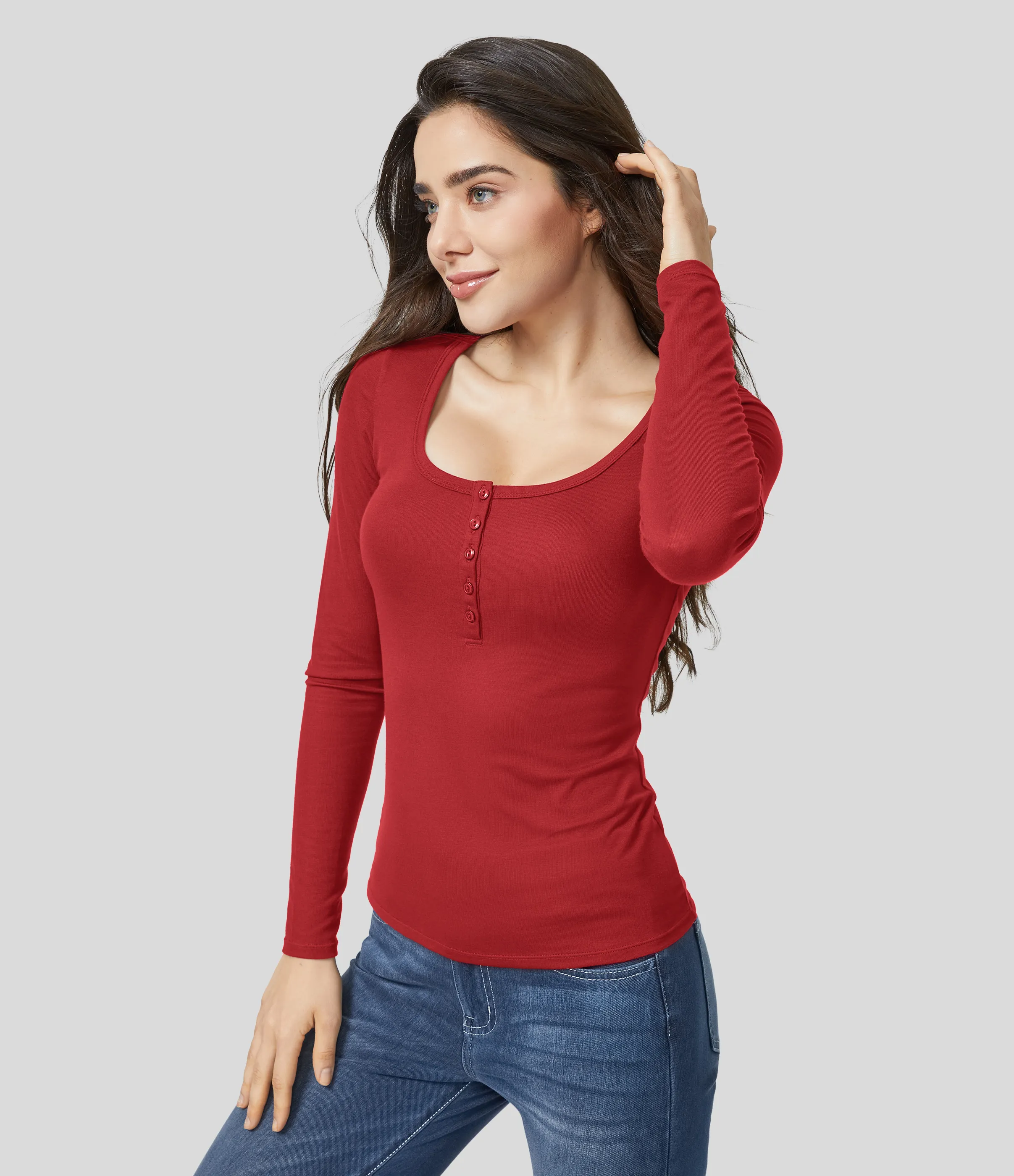 Halara Top ajustado manga larga cuello Henley acanalado - Rubicondo - XS sold by Halara product image thumbnail 4