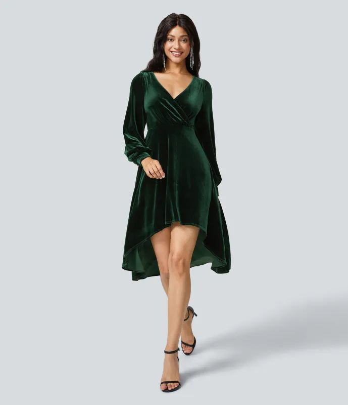 Halara Vestido midi terciopelo cuello V cruzado plisado manga larga largo hasta rodilla - Mossy Forest - S sold by Halara