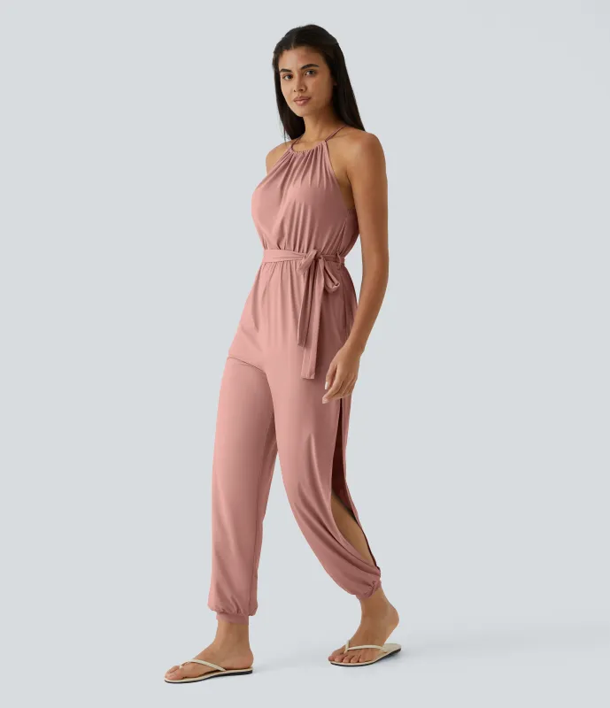 Halara Mono sin manga lazo espalda plisado cinturón bolsillo lateral cut-out tacto fresco Resort - Peach Beige - XL(regular) sold by Halara