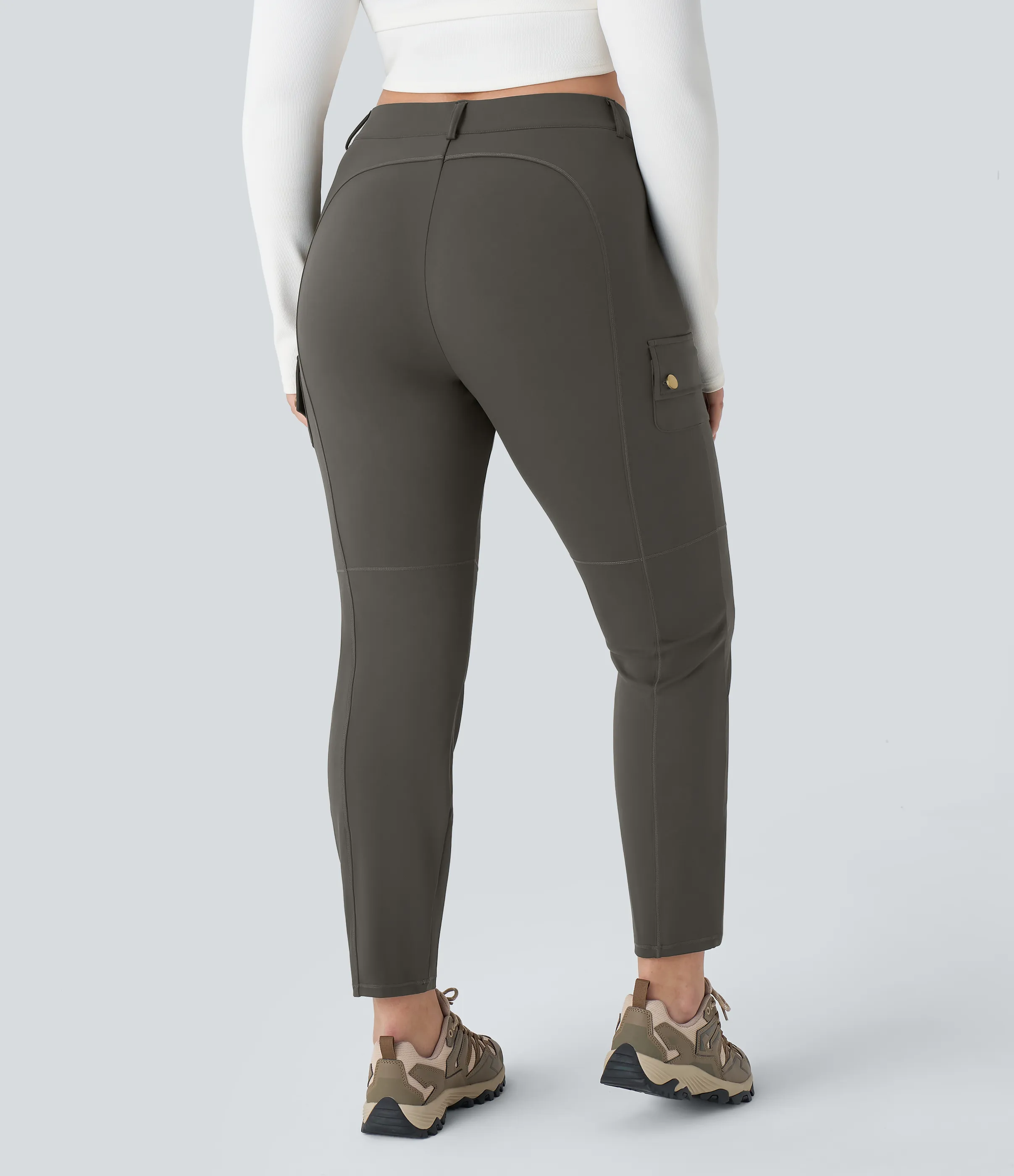 Halara Pantalón cargo tiro alto botón cremallera múltiple bolsillo liso delgado senderismo talla grande - Deep Red Grey - 3X(regular) sold by Halara product image thumbnail 3